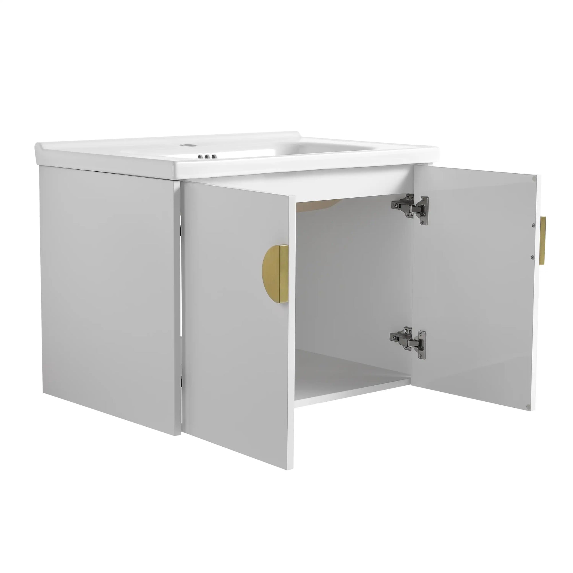 28 inch small floating vanity with open cabinet doors and brass hardware | Ace Decor