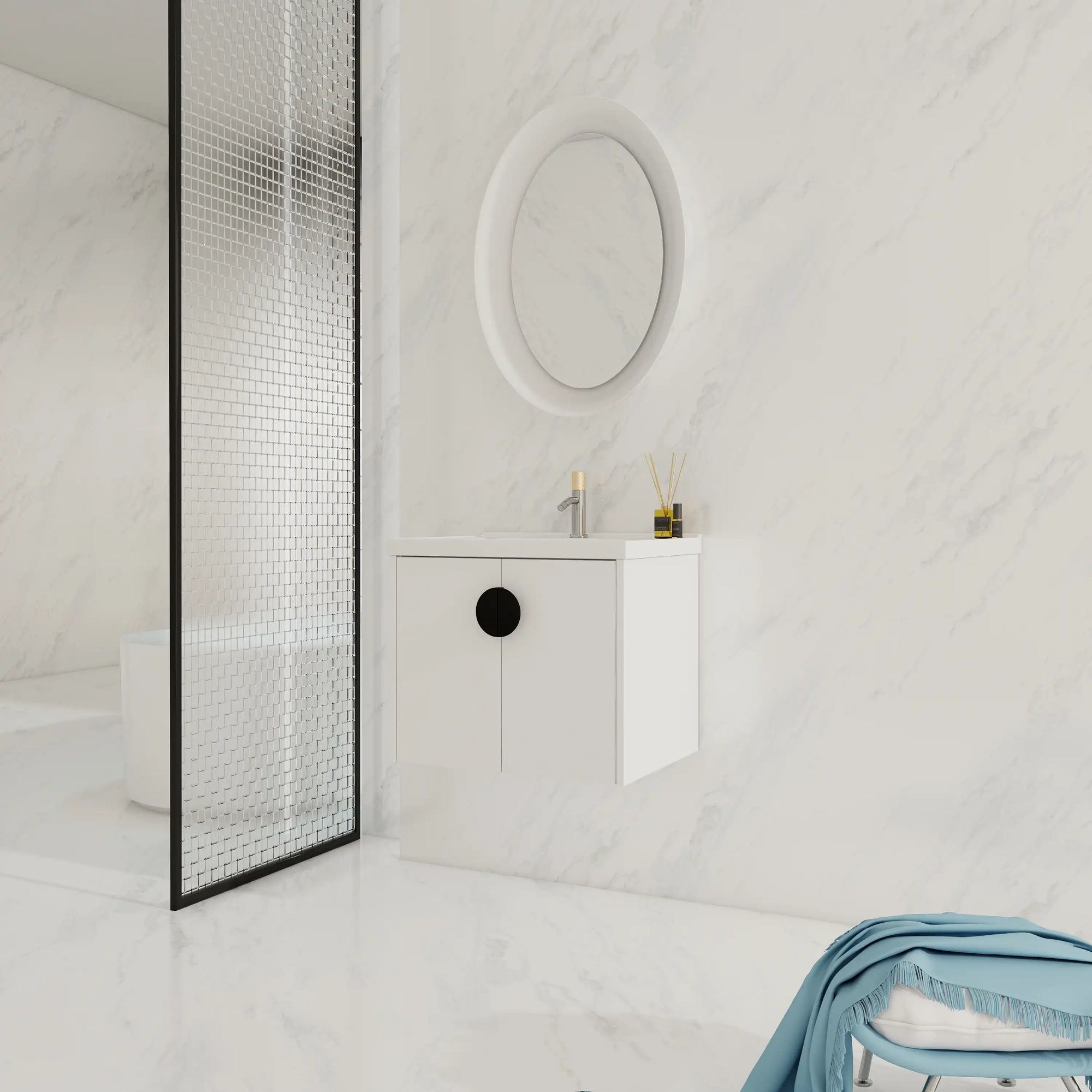 24 inch white floating bathroom vanity with black round handle in a minimalist bathroom | Ace Decor