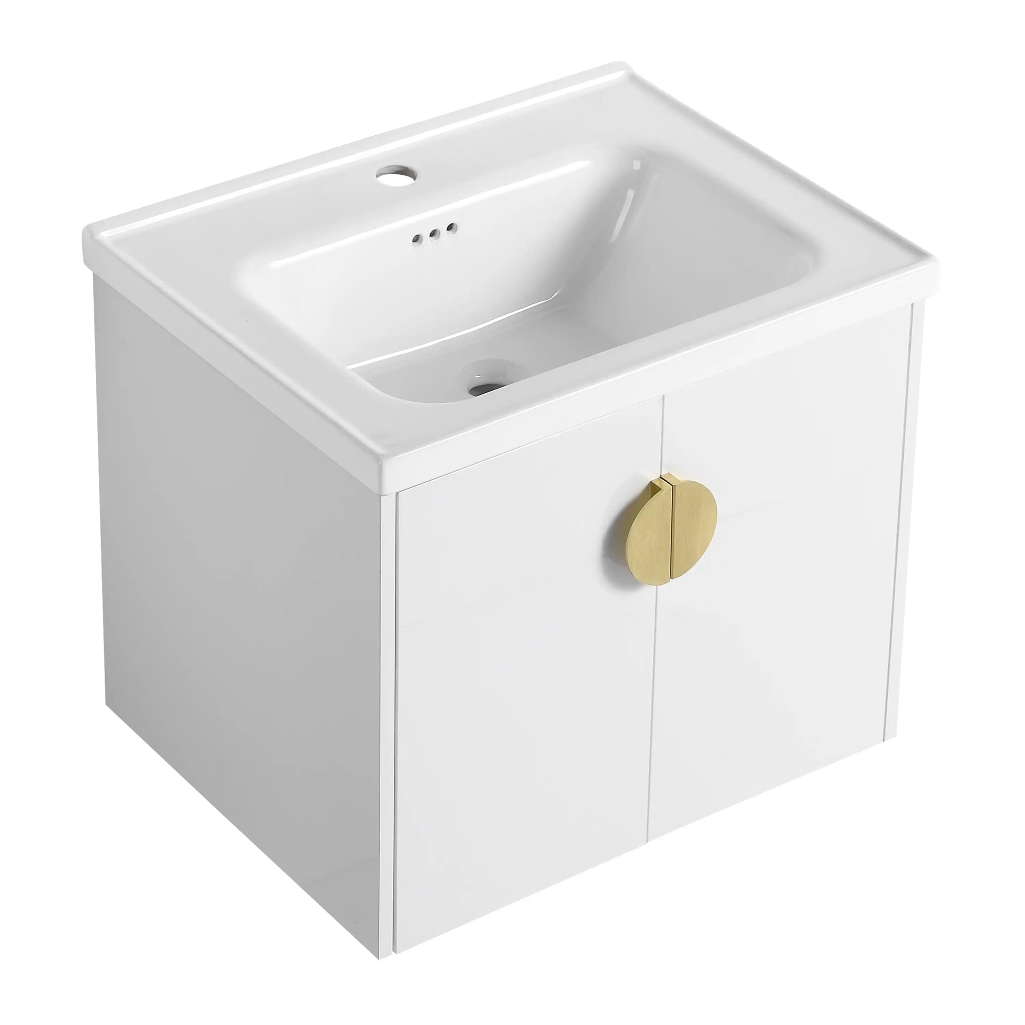 Angled view of 24 inch white floating bathroom vanity with gold round handle | Ace Decor