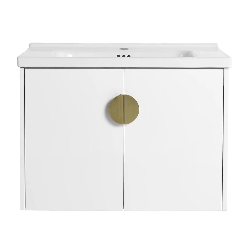 24” or 28” White Wall-Mounted Bathroom Vanity with Soft Close Doors & Ceramic Sink