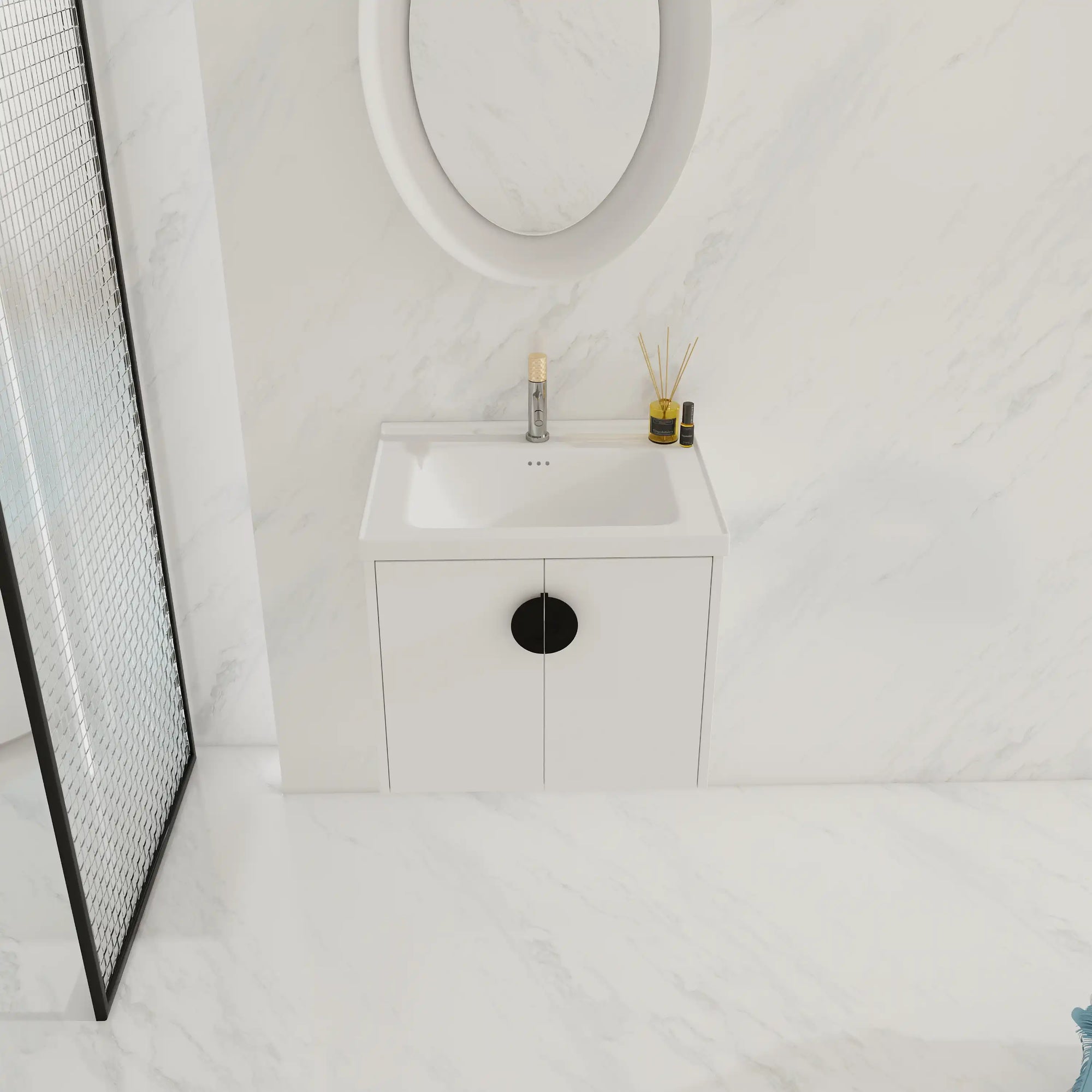 24 inch floating bathroom vanity with black handle in a modern bathroom | Ace Decor