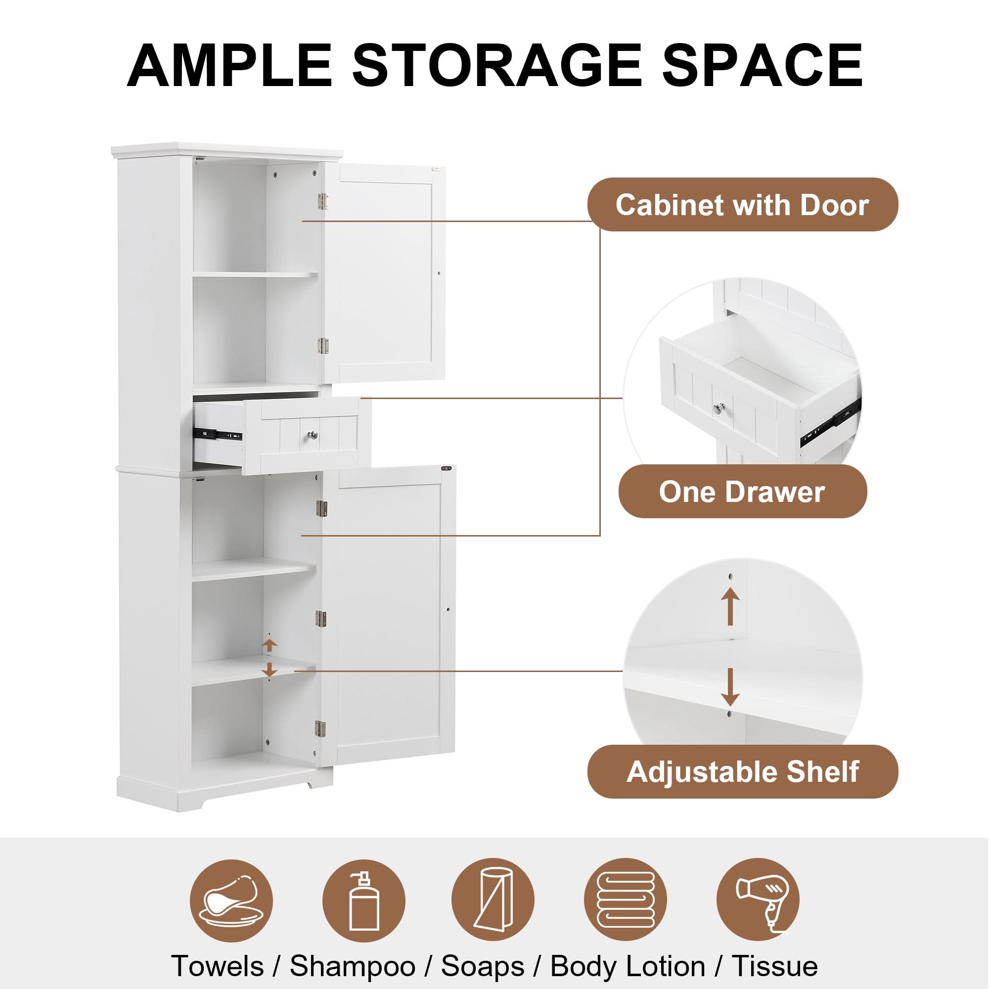 Norrin 67.3 inch white tall narrow bathroom storage cabinet with ample storage space.