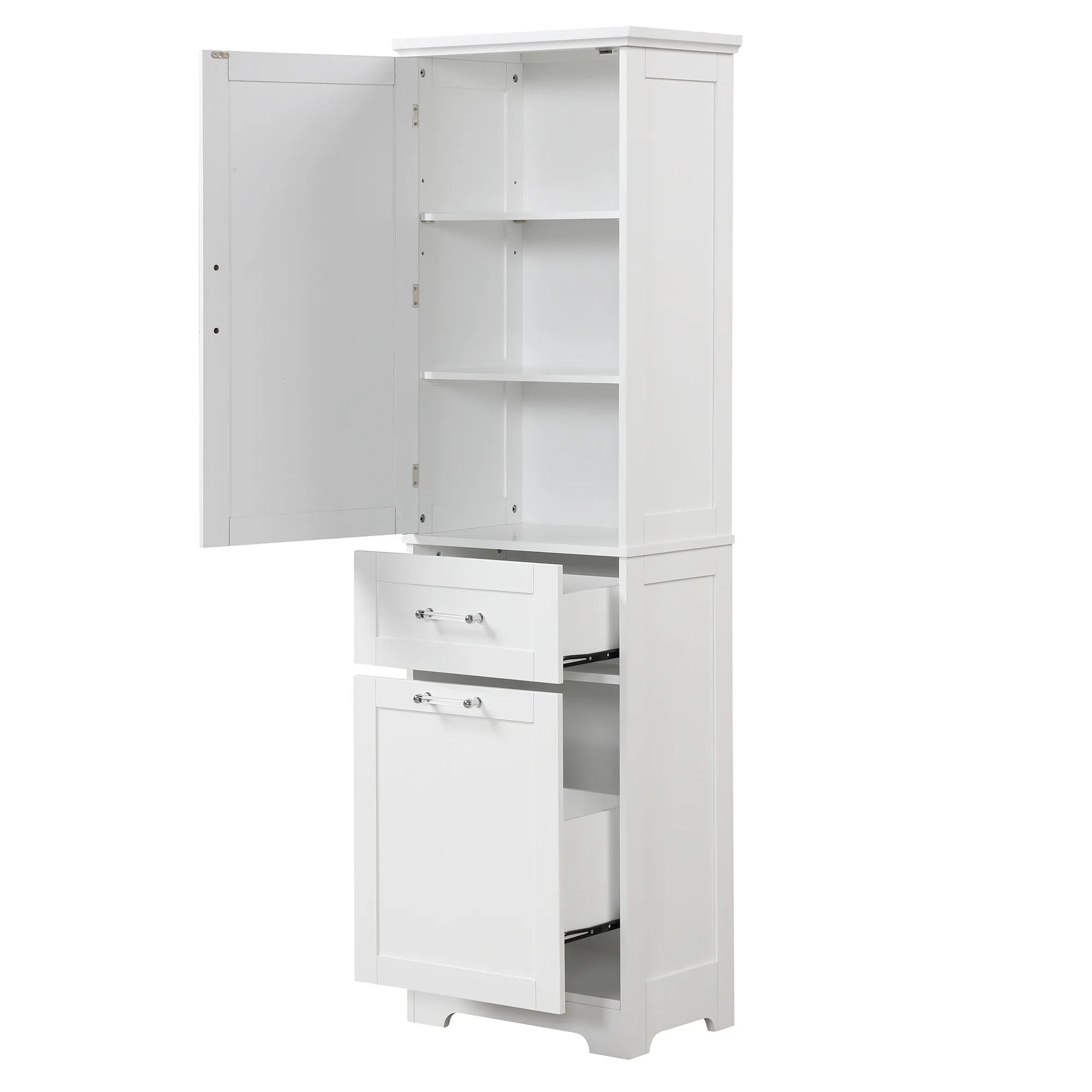 White Valmor 68.1" Tall Bathroom Storage Cabinet with open drawers and cabinet door.