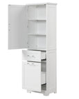 White Valmor 68.1" Tall Bathroom Storage Cabinet with open drawers and cabinet door.