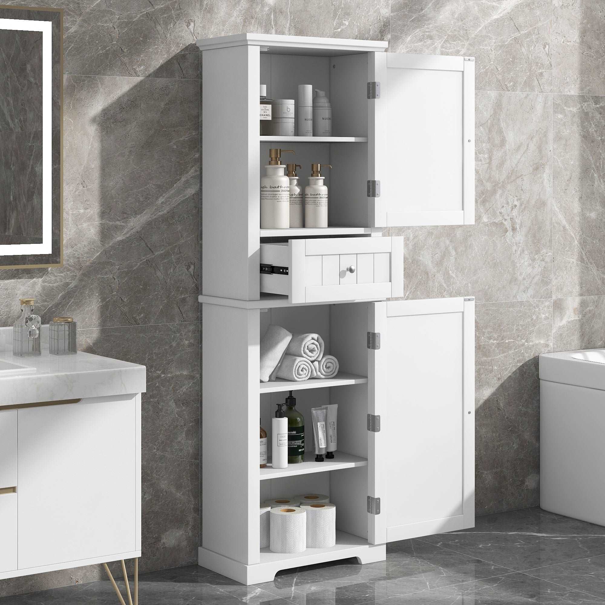 Freestanding Tall Bathroom Storage Cabinet with One Drawers and Adjustable Shelf color:white