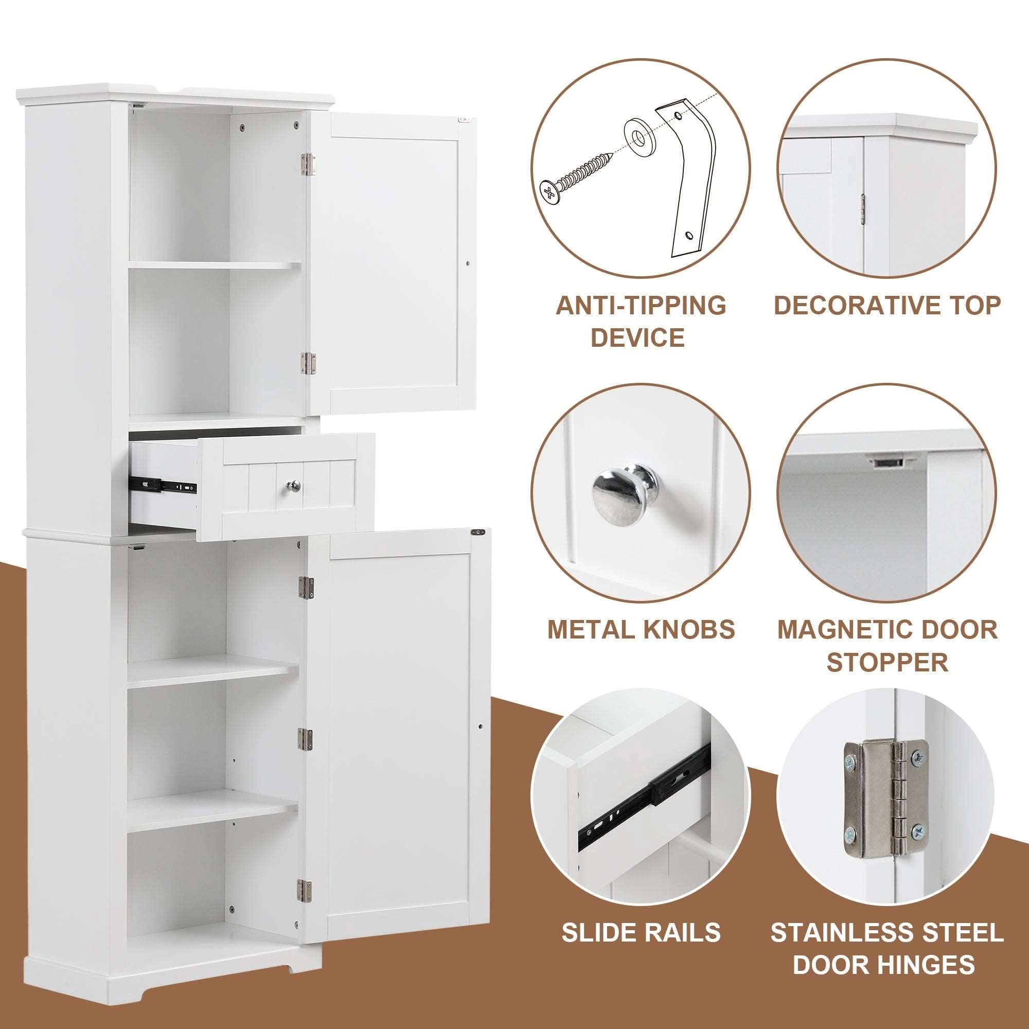 Detail view of Norrin 67.3 inch white bathroom storage cabinet showing high quality hardware.