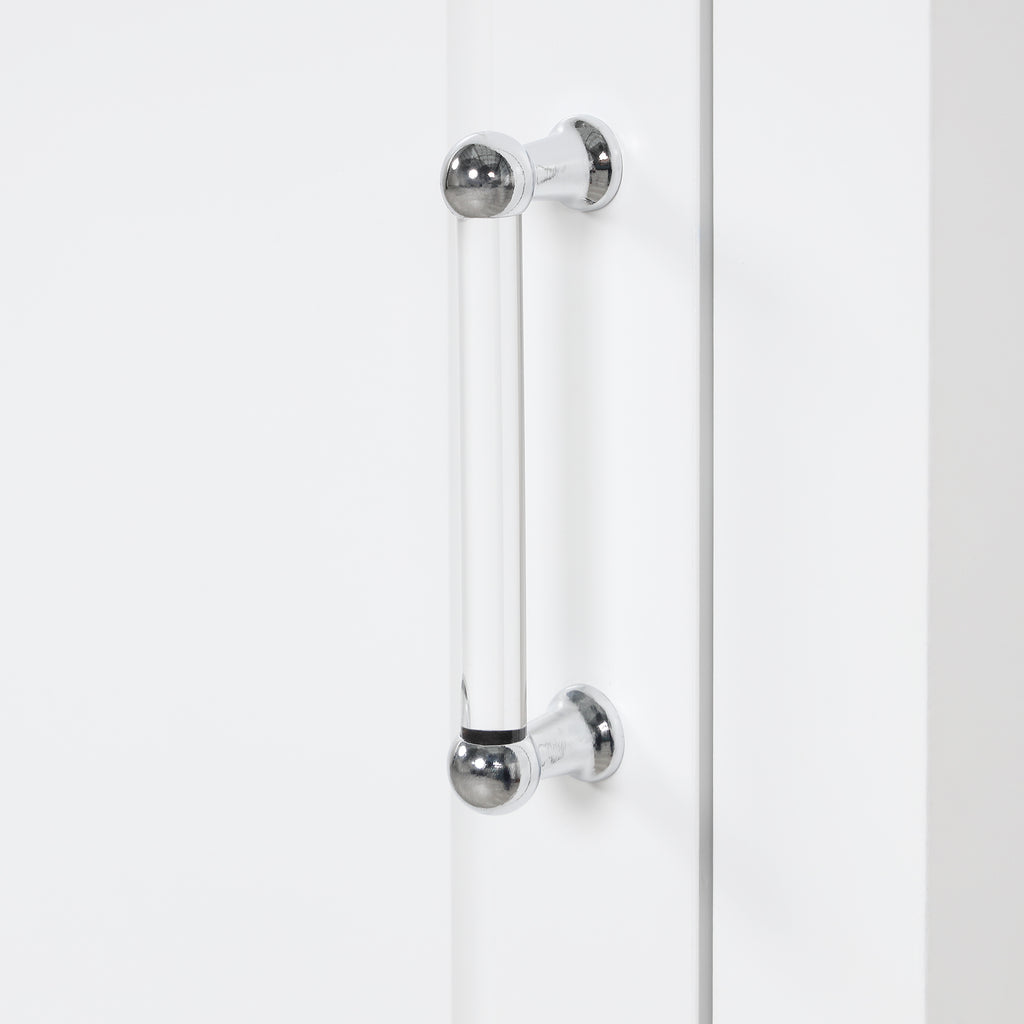 Silver door handle on White Valmor 68.1 inch tall Bathroom Storage Cabinet.