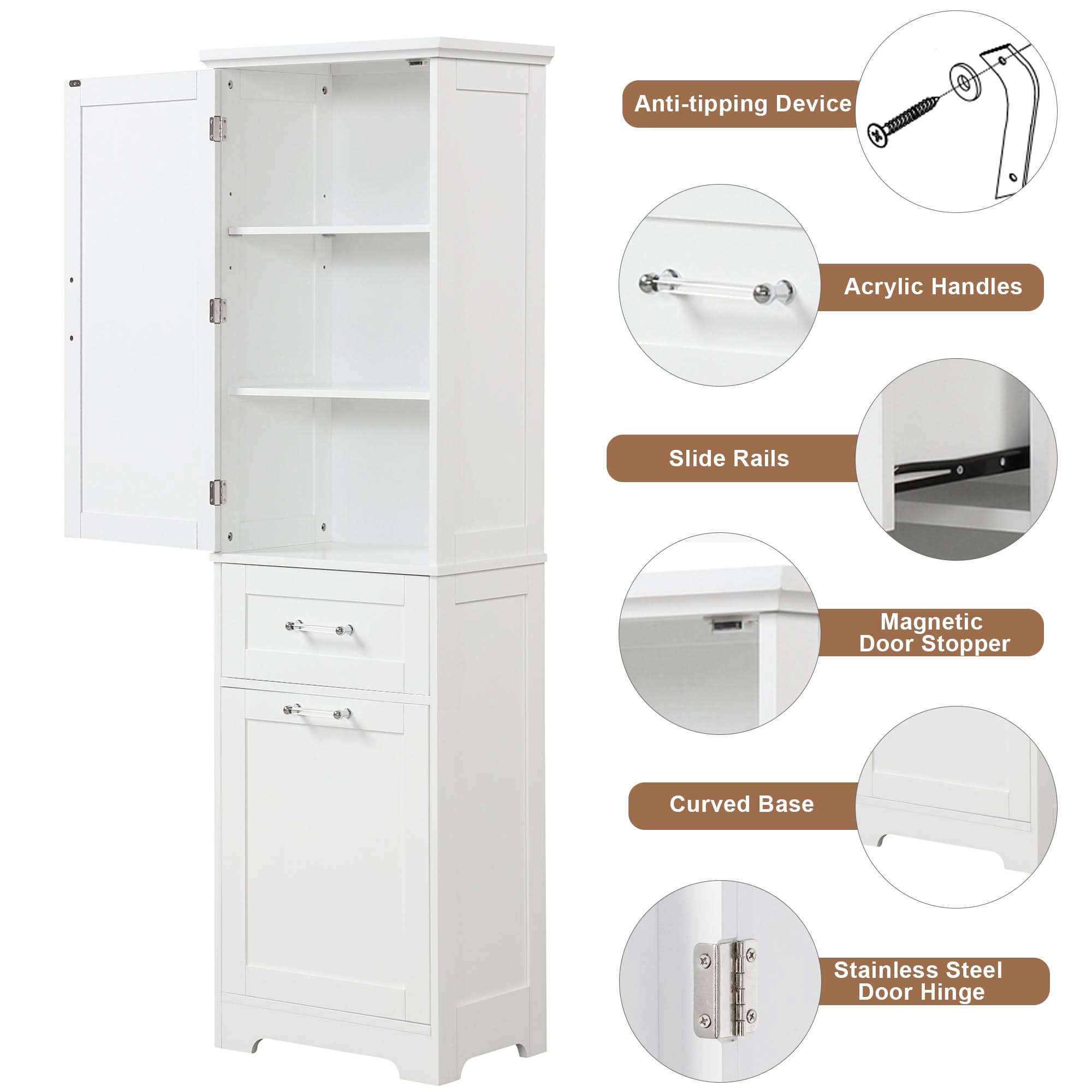 freestanding tall bathroom storage cabinet with two drawers color:white