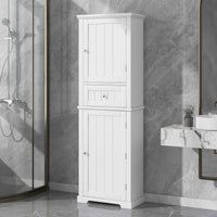 Norrin 67.3 inch white tall narrow bathroom storage cabinet in a modern bathroom.