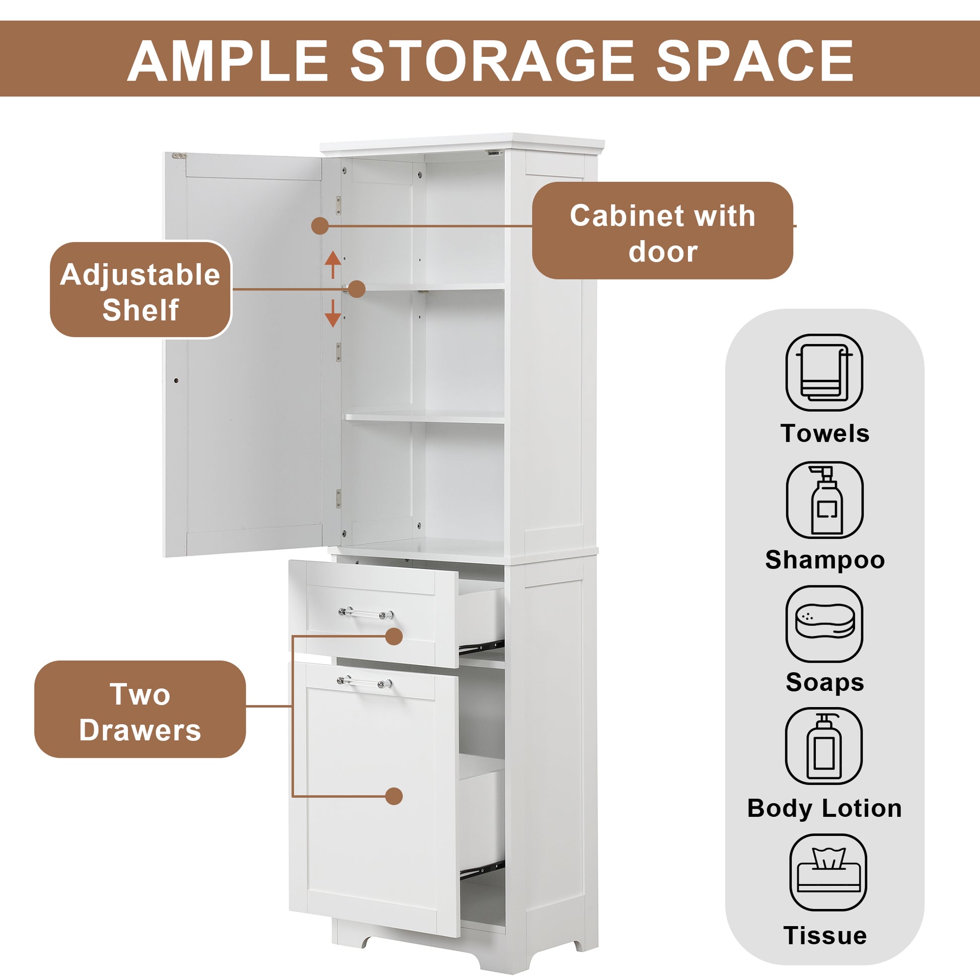 freestanding tall bathroom storage cabinet with two drawers color:white