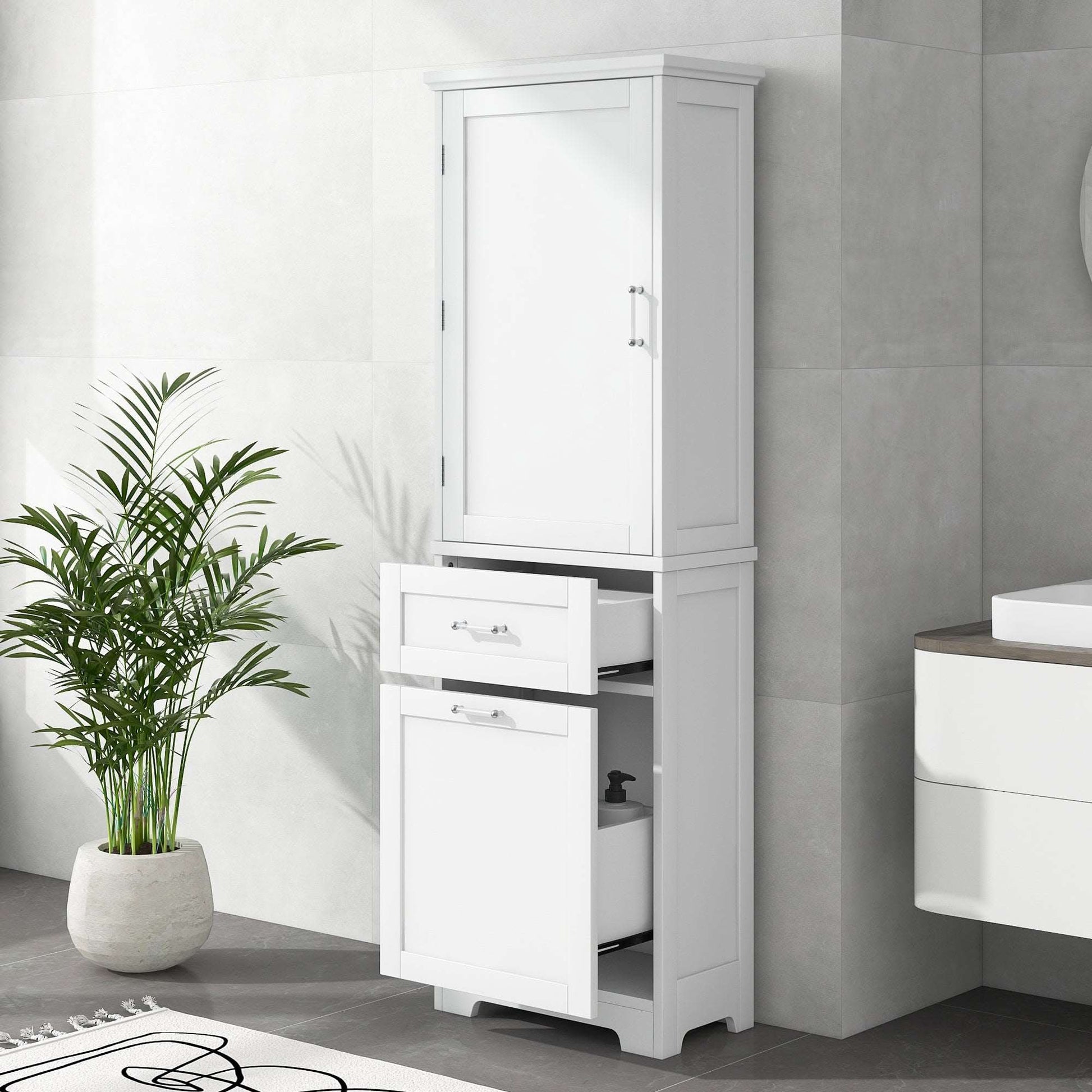 freestanding tall bathroom storage cabinet with two drawers color:white