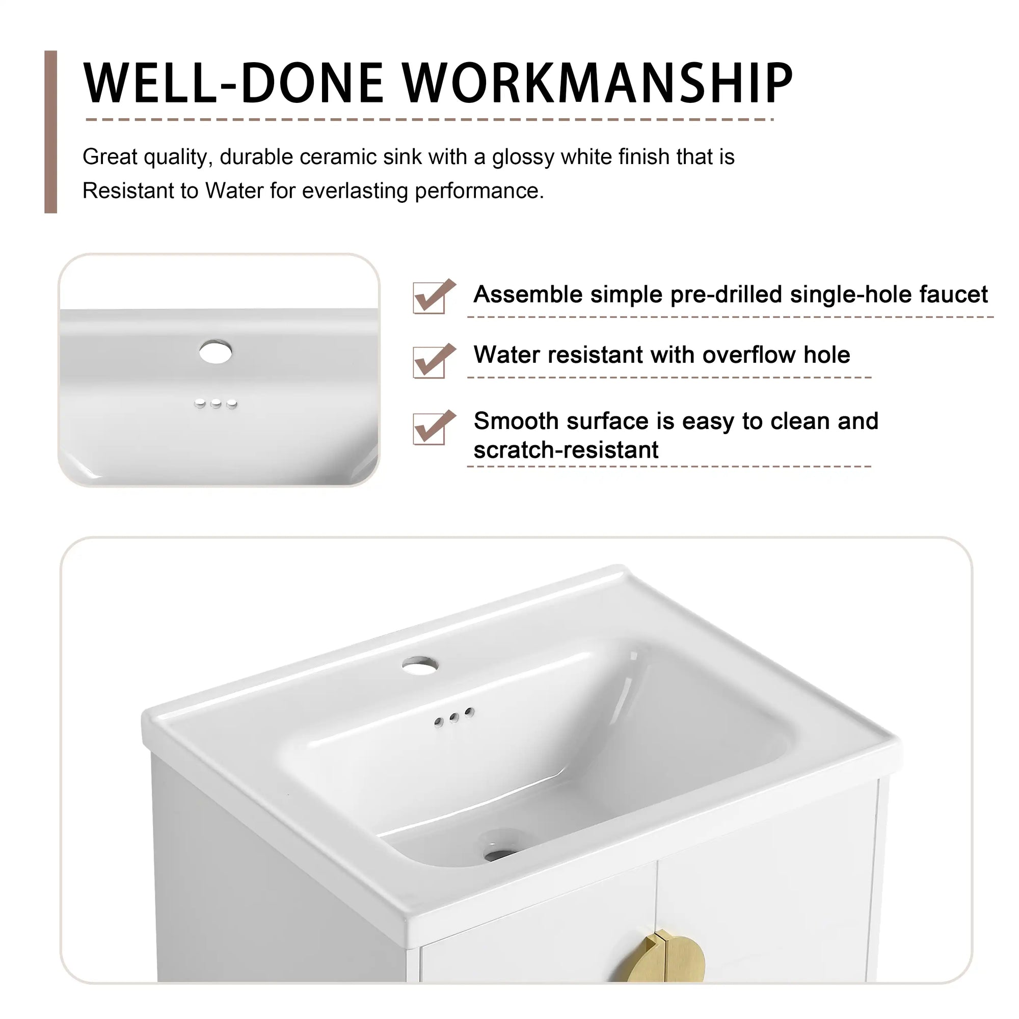 Ceramic sink and workmanship details of floating bathroom vanity in multiple sizes | Ace Decor