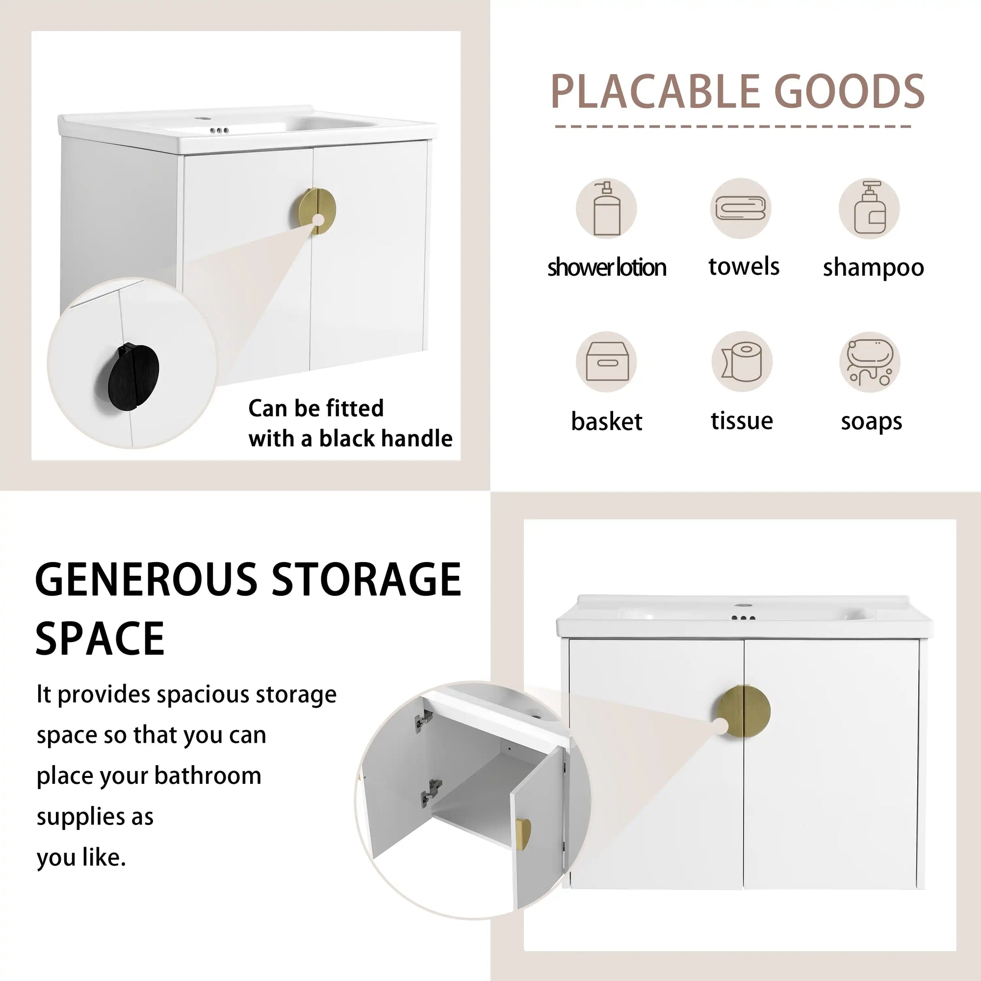 28 inch small floating vanity with optional black or brass handle and storage space | Ace Decor