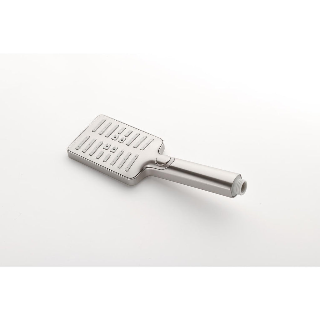Ergonomic brushed nickel handheld shower head with multiple spray nozzles.