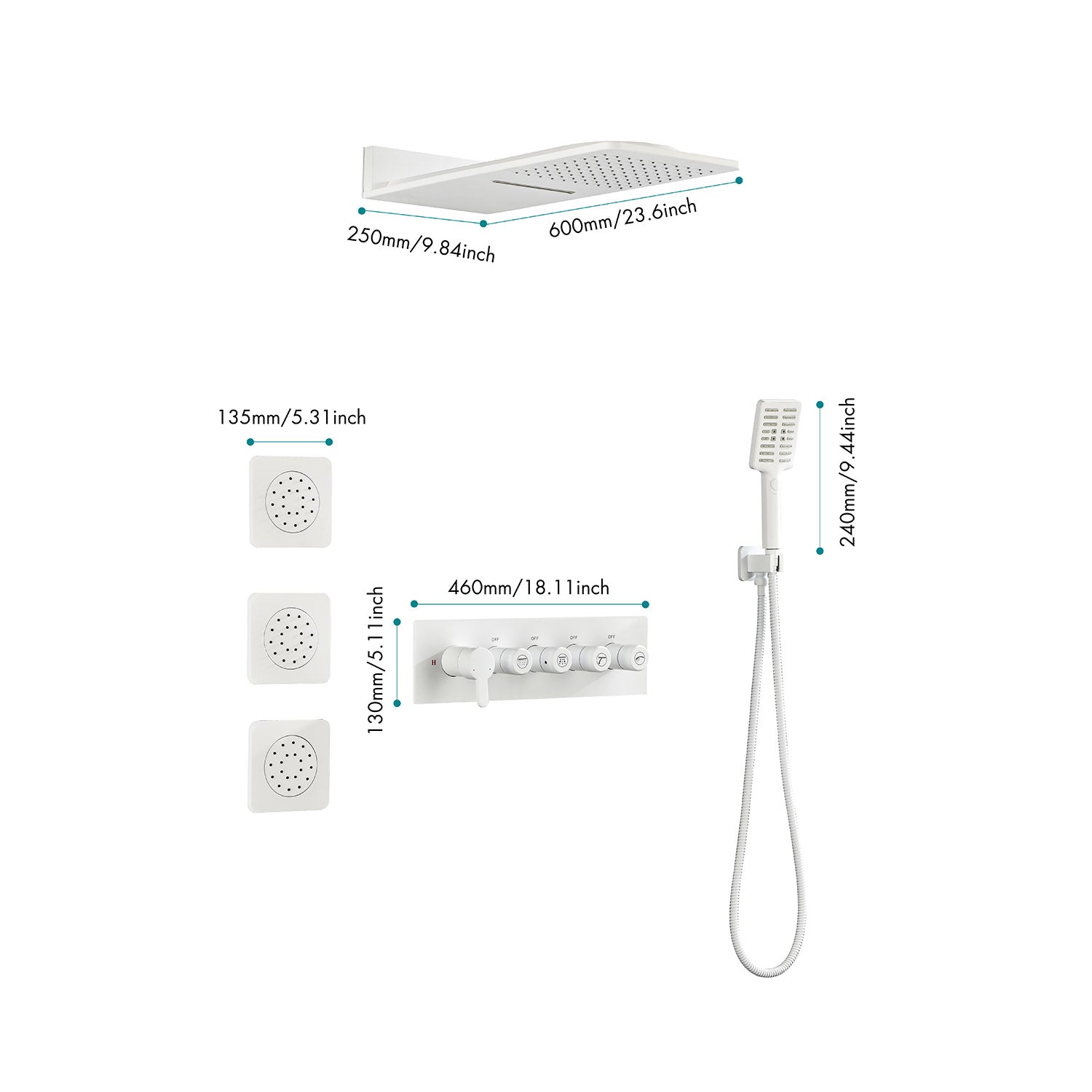 Cascade 3-Body Spray Rain Shower with Handheld - White