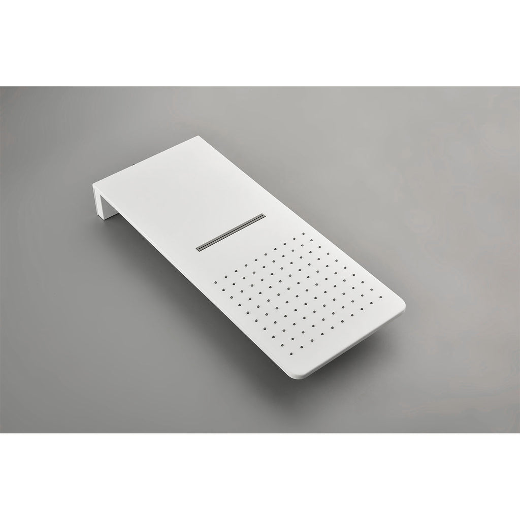 Dual-function white waterfall and rainfall shower head for full-body coverage.