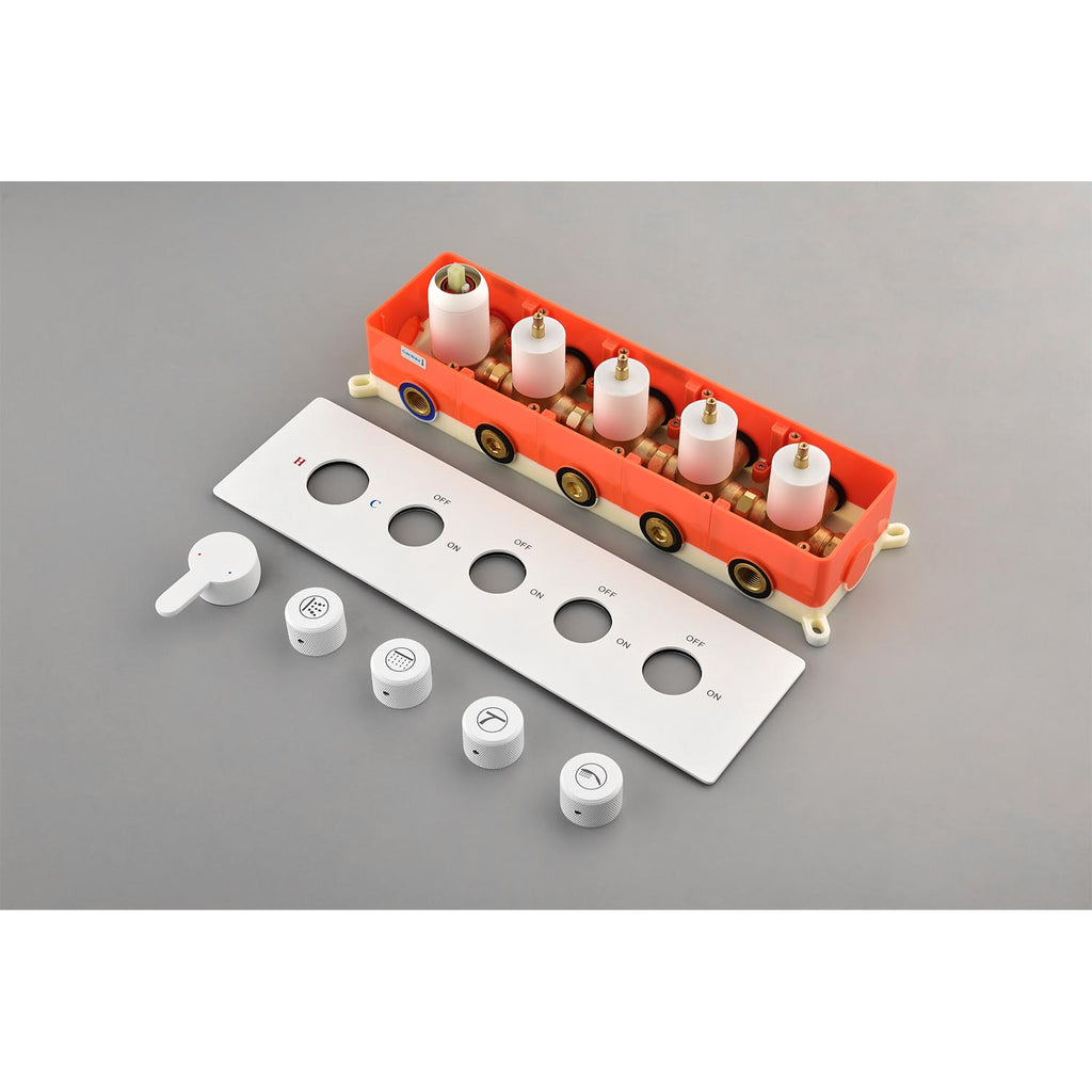 Ergonomic white handheld shower head with multiple spray nozzles.