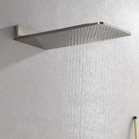 Cascade shower head rainfall function producing wide, full-body coverage spray.