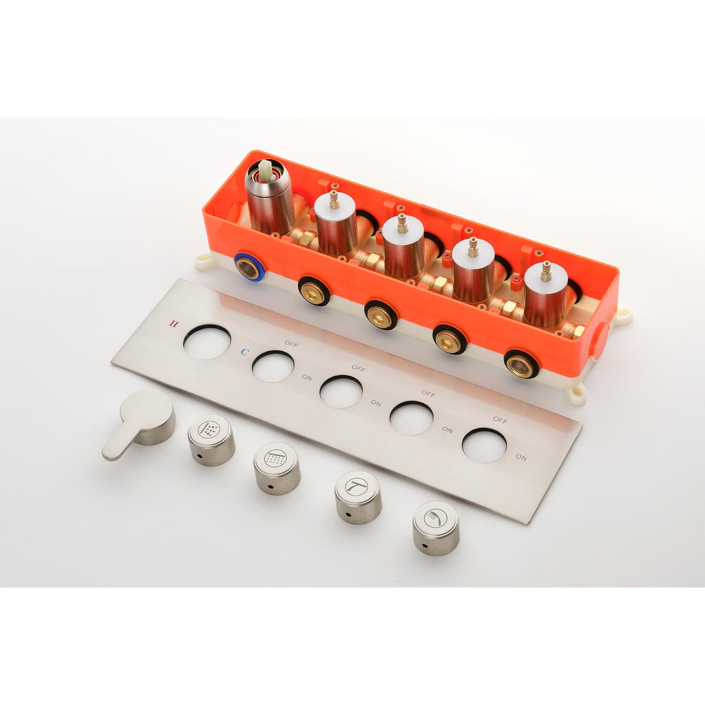 Brass pressure-balancing shower valve system with individual controls and internal components displayed.