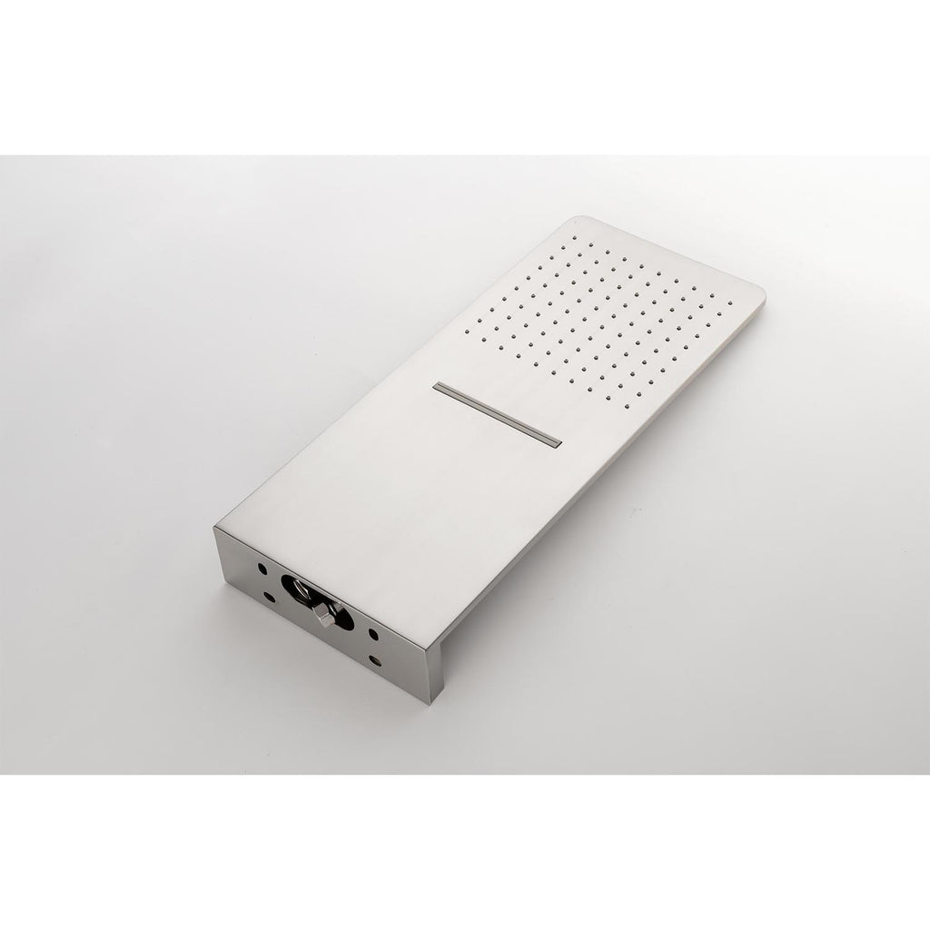 Dual-function brushed nickel waterfall and rainfall shower head for full-body coverage.