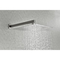 Eclipse Series 12" brushed nickel rainfall shower head spraying a wide, even stream of water