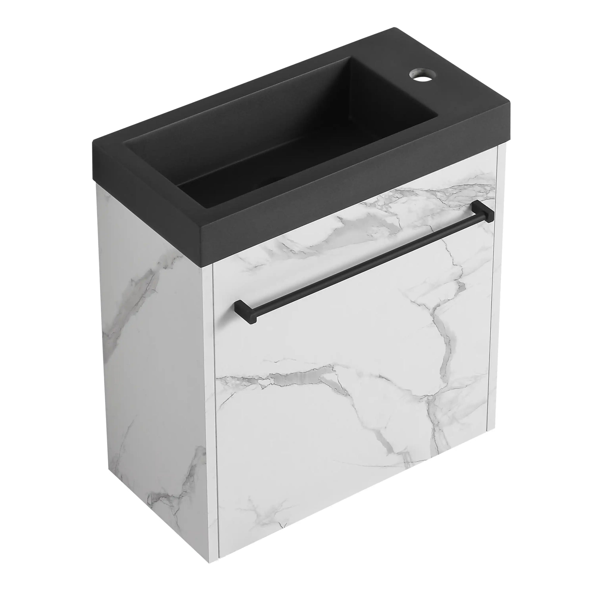 20 inch bathroom vanity with marble finish and black bar handle front view | Ace Decor