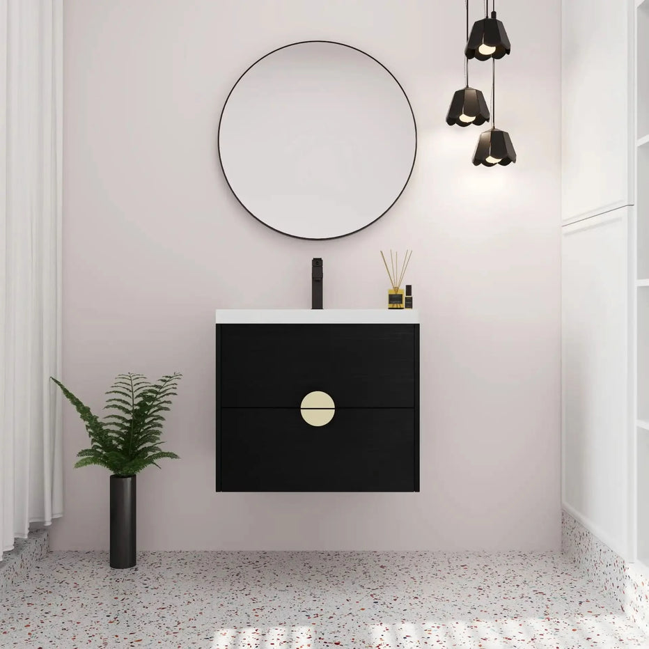 23 Wall-Mounted Bathroom Sink and Vanity with Gold Handle & Storage Drawers