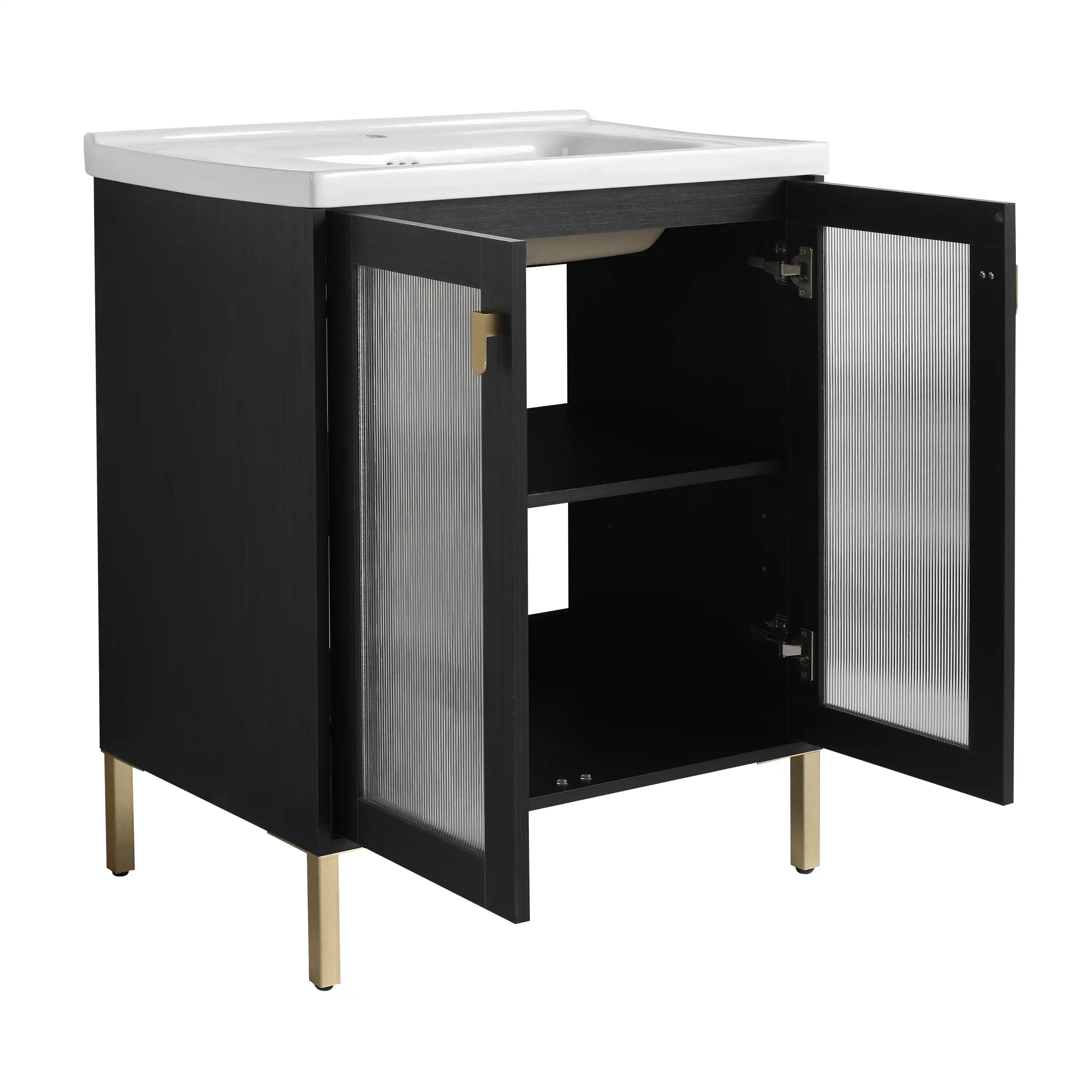 28" freestanding bathroom vanity with sink with open reeded acrylic doors side view.