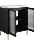 28" freestanding bathroom vanity with sink with open reeded glass doors side view | Ace Decor