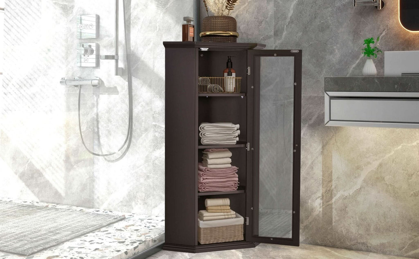 bathroom cabinet with glass door mdf board color:brown