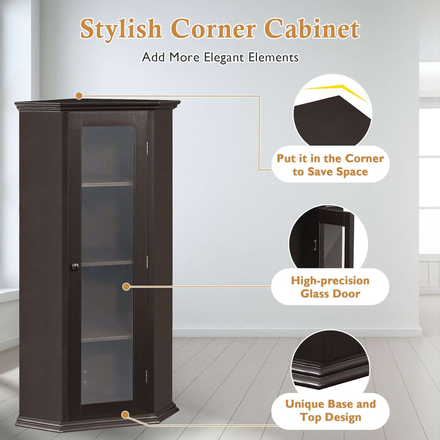 bathroom cabinet with glass door mdf board color:brown