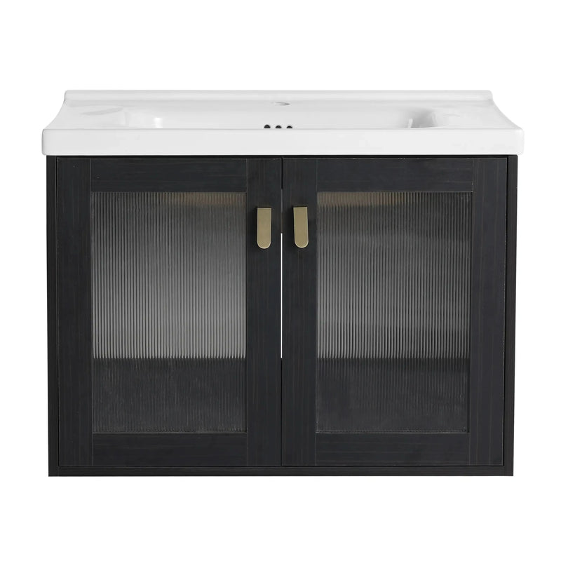 Sleek 28"/32'' Bathroom Vanity – Black Acrylic Finish, Gold Hardware, White Sink & Smart Storage