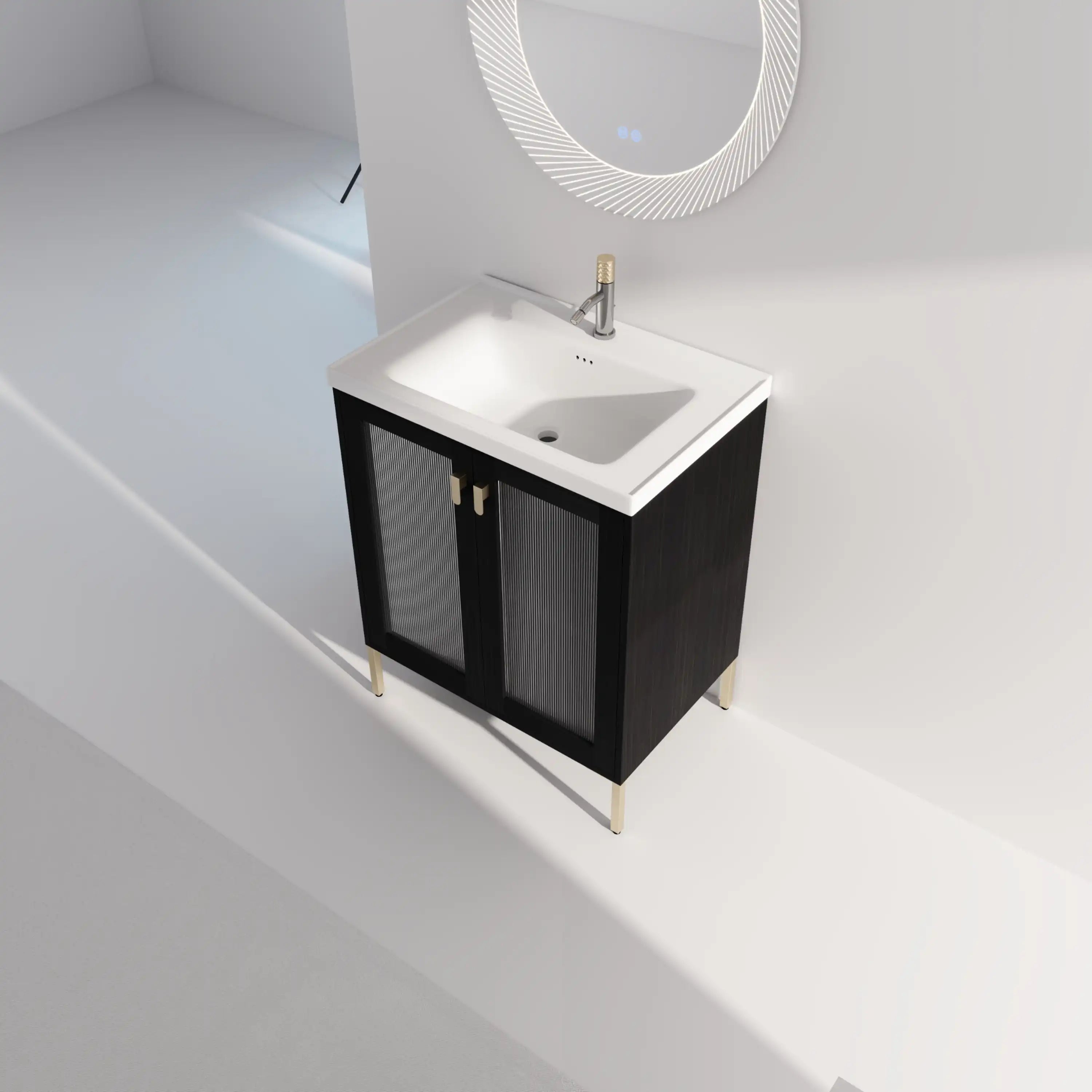 28" freestanding bathroom vanity in modern bathroom setting with faucet and round mirror.