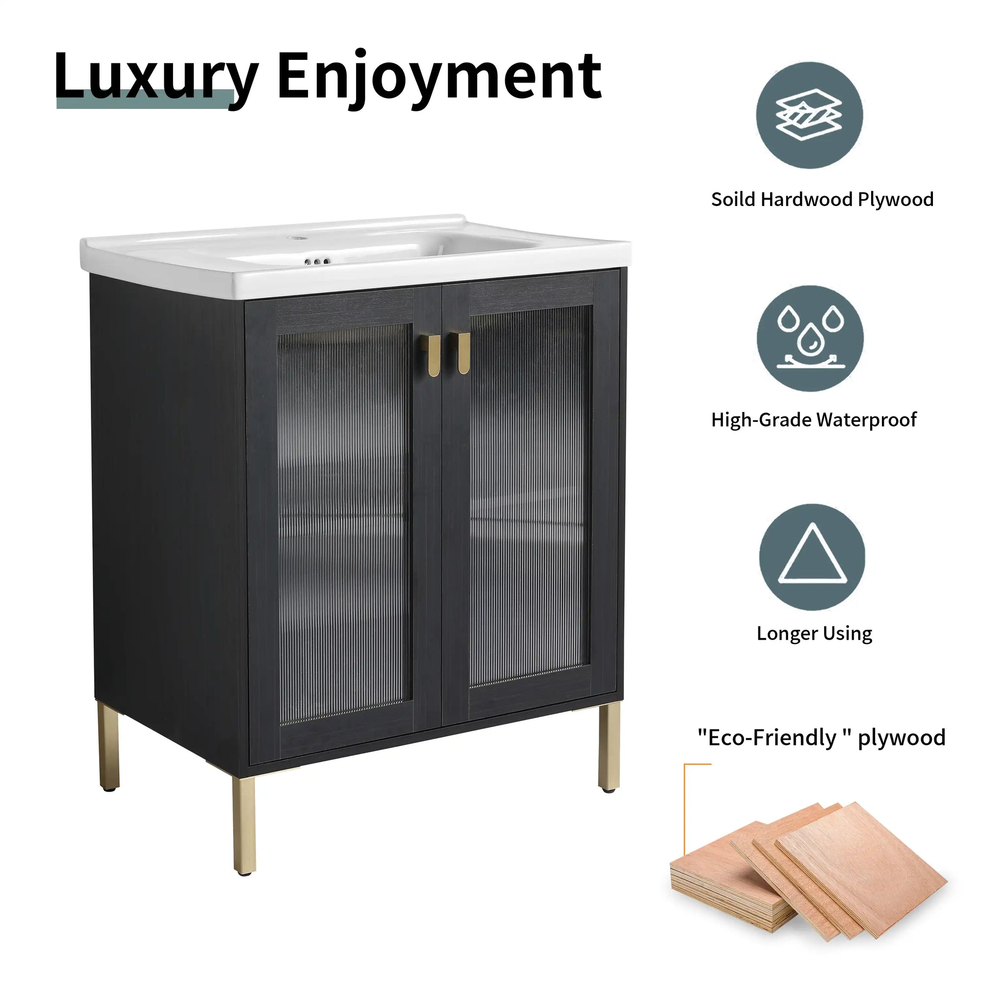 28" freestanding bathroom vanity with sink plywood construction feature graphic | Ace Decor