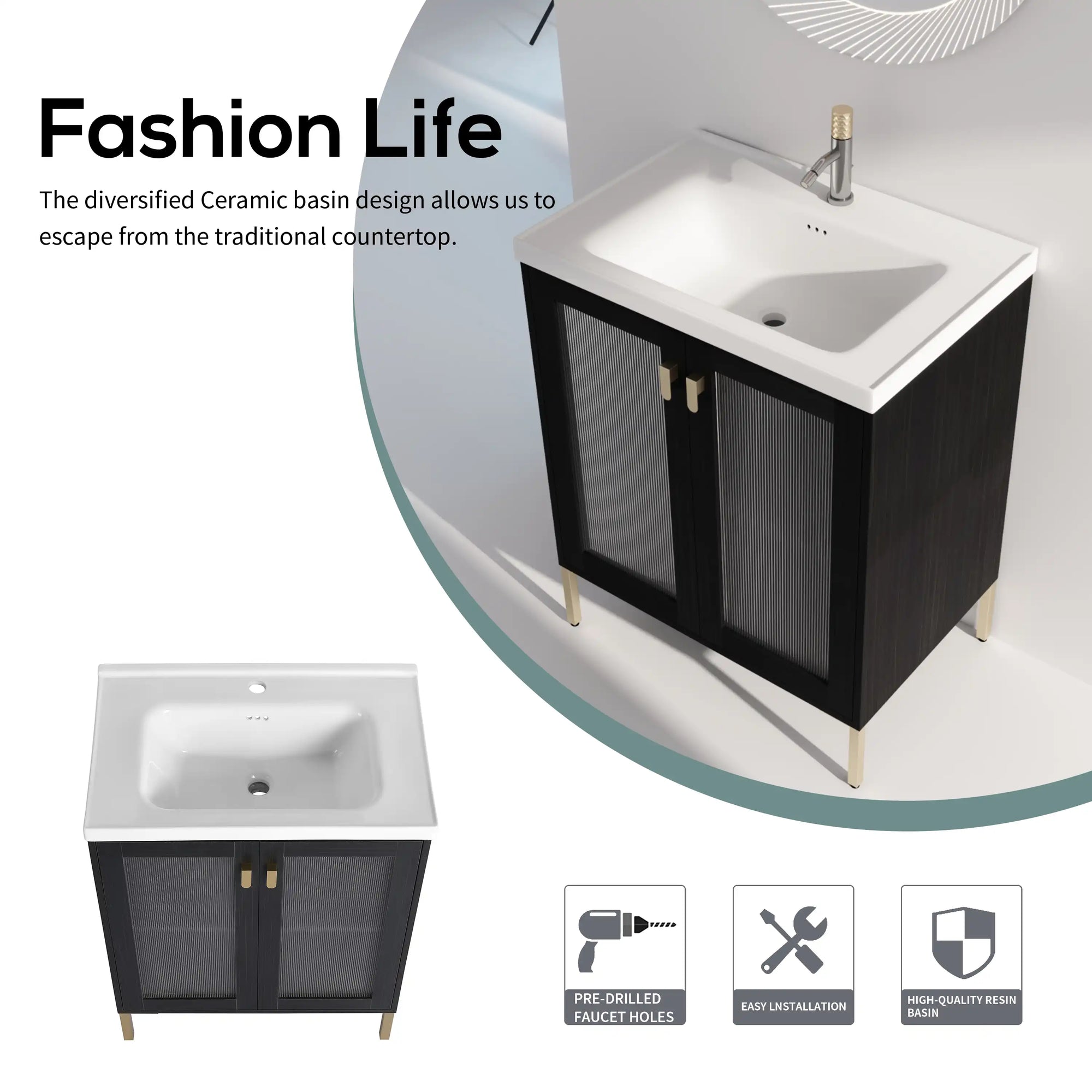 28" freestanding bathroom vanity with sink ceramic basin feature graphic | Ace Decor