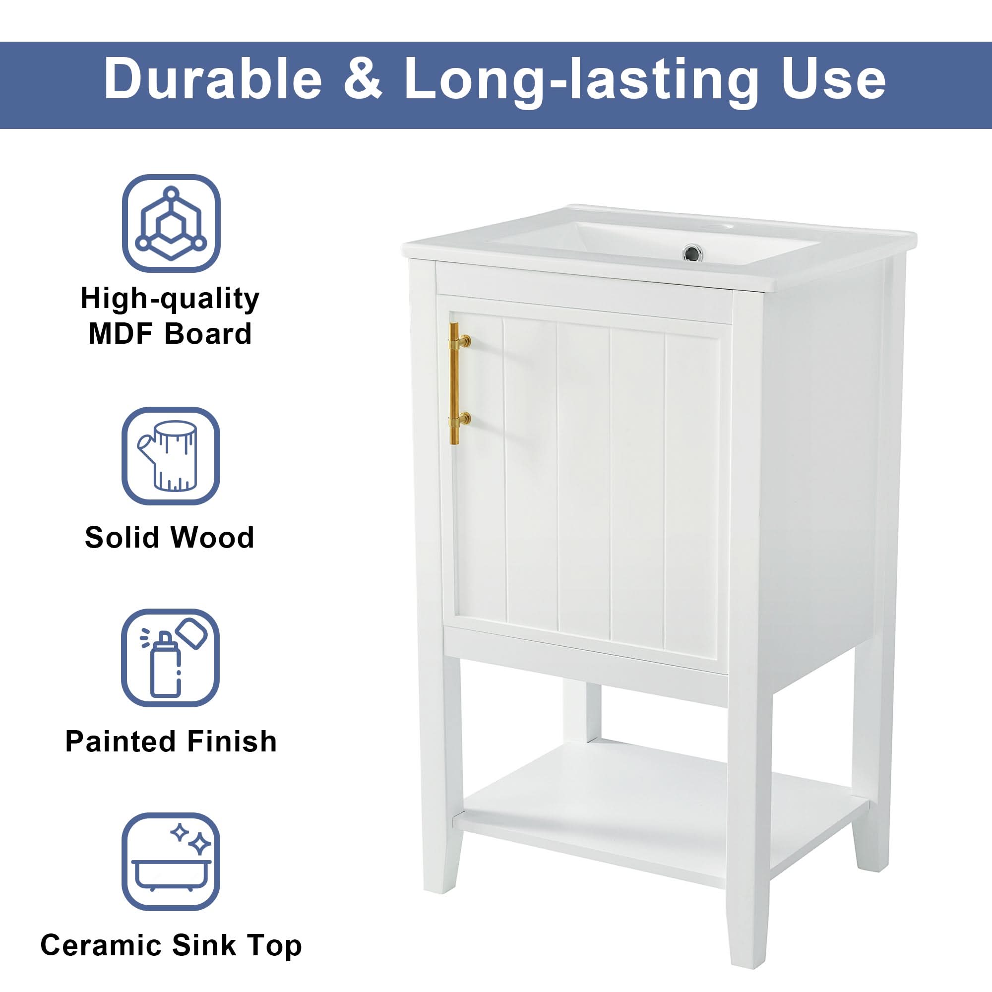 Mistford Series 20 inch white bathroom vanity with solid rubber wood and MDF board construction.