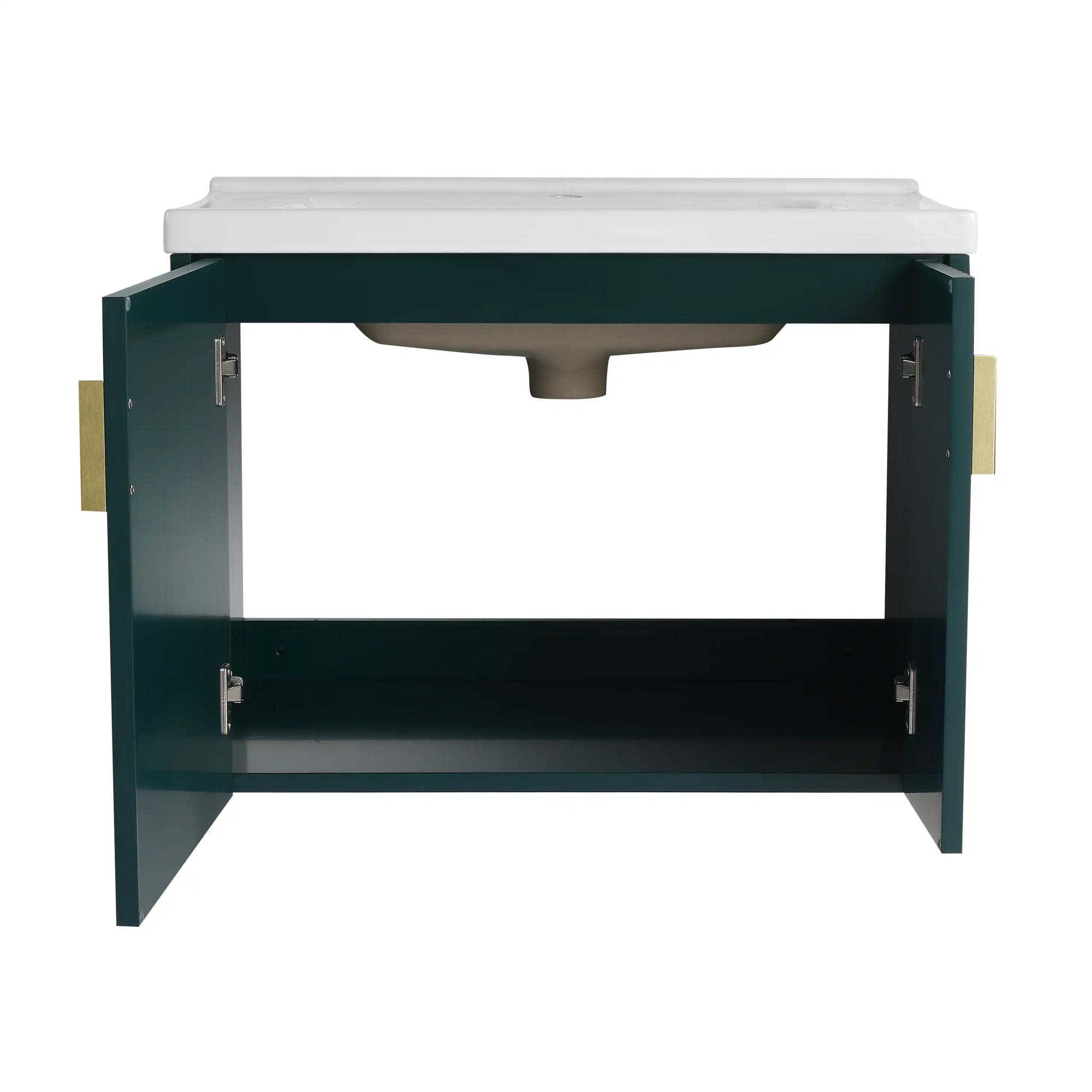 28 inch floating vanity small bathroom showing interior storage space and wall-mounted design | Ace Decor