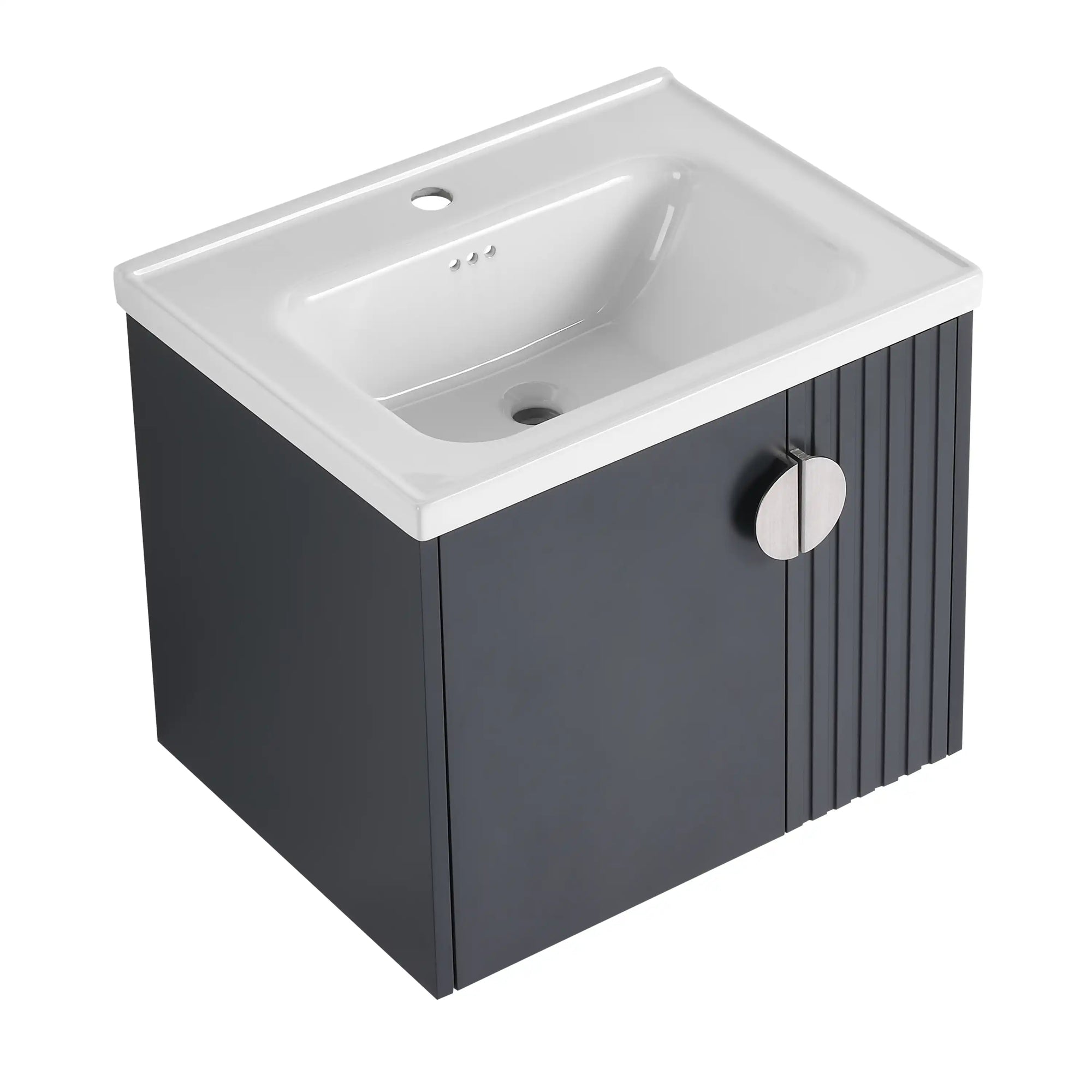 24 inch bathroom black vanity with integrated ceramic sink, angled view | Ace Decor