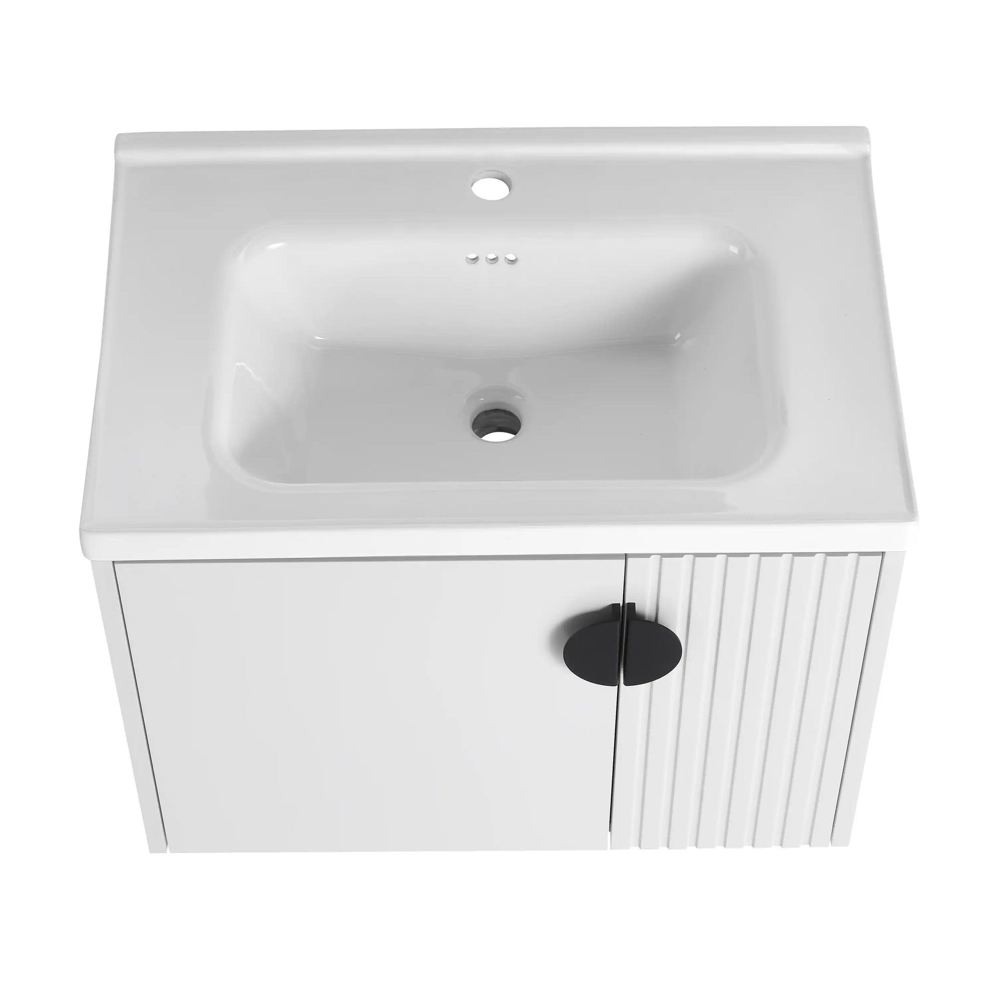 Single floating vanity 28 inch featuring integrated undermount ceramic sink and overflow design | Ace Decor