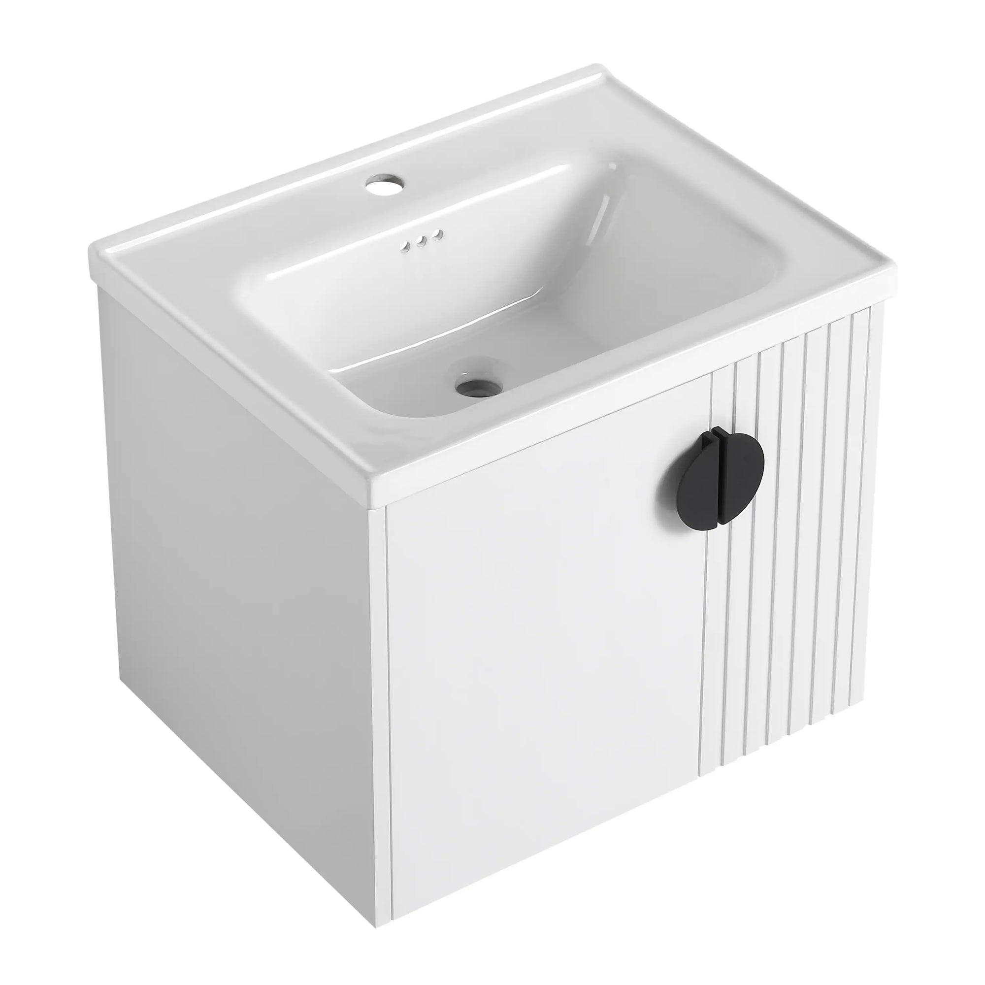 Angled view of white floating bathroom vanity 24 inch with fluted design | Ace Decor
