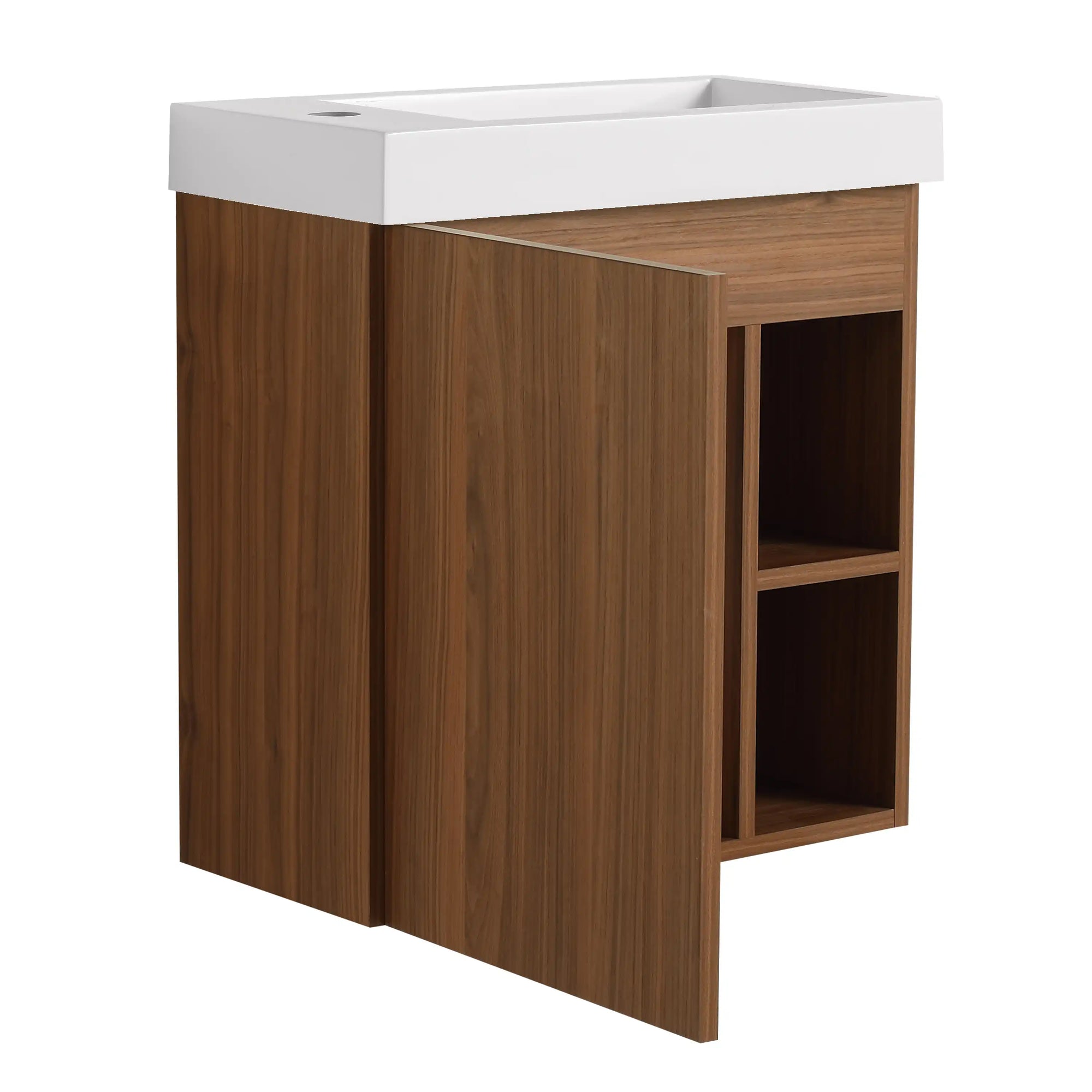 20 inch modern bathroom vanity small with partially open cabinet door and side shelf storage | Ace Decor