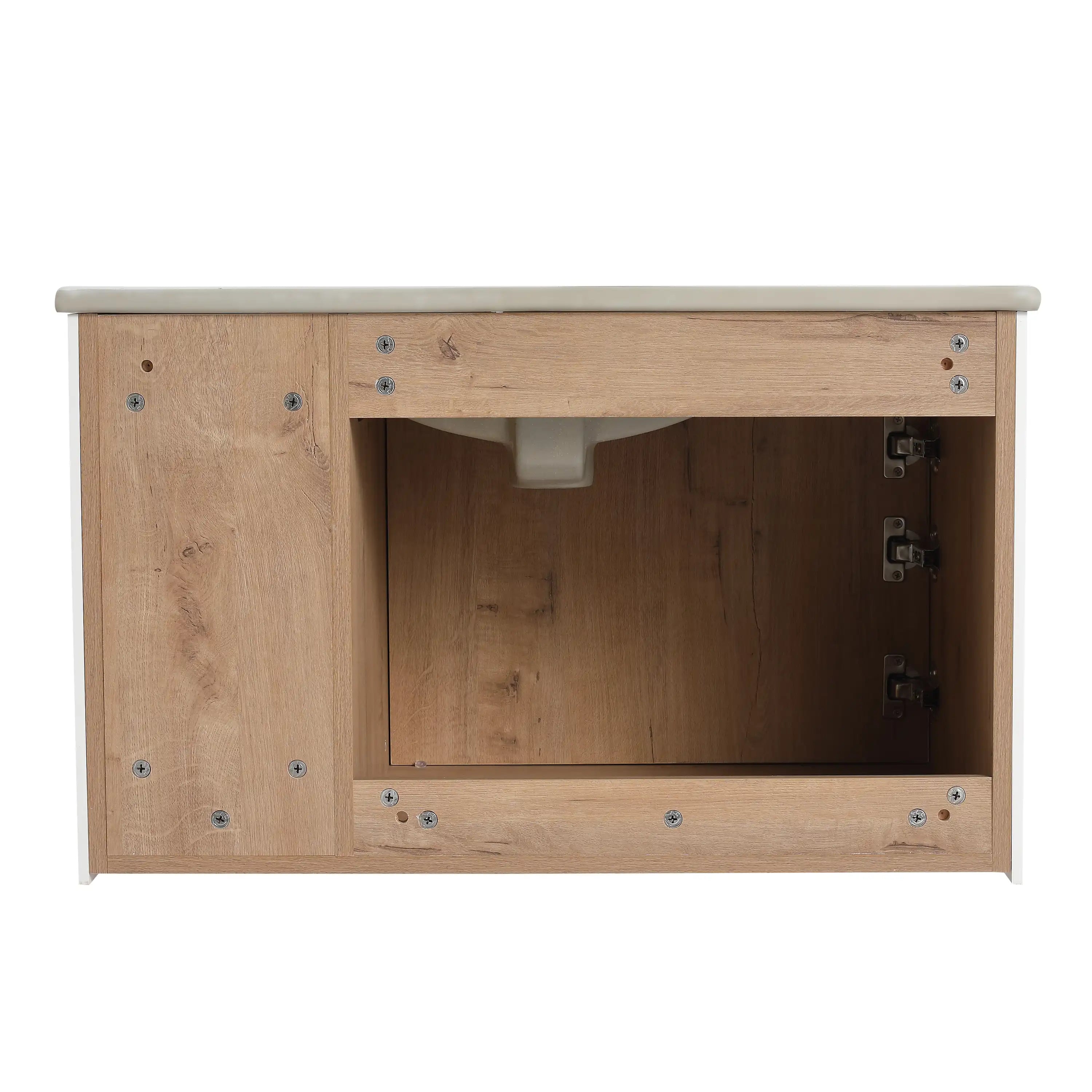 24 / 30 Inch Wood Bathroom Vanity with Integrated Sink, Wall-Mount, Open Storage Shelves