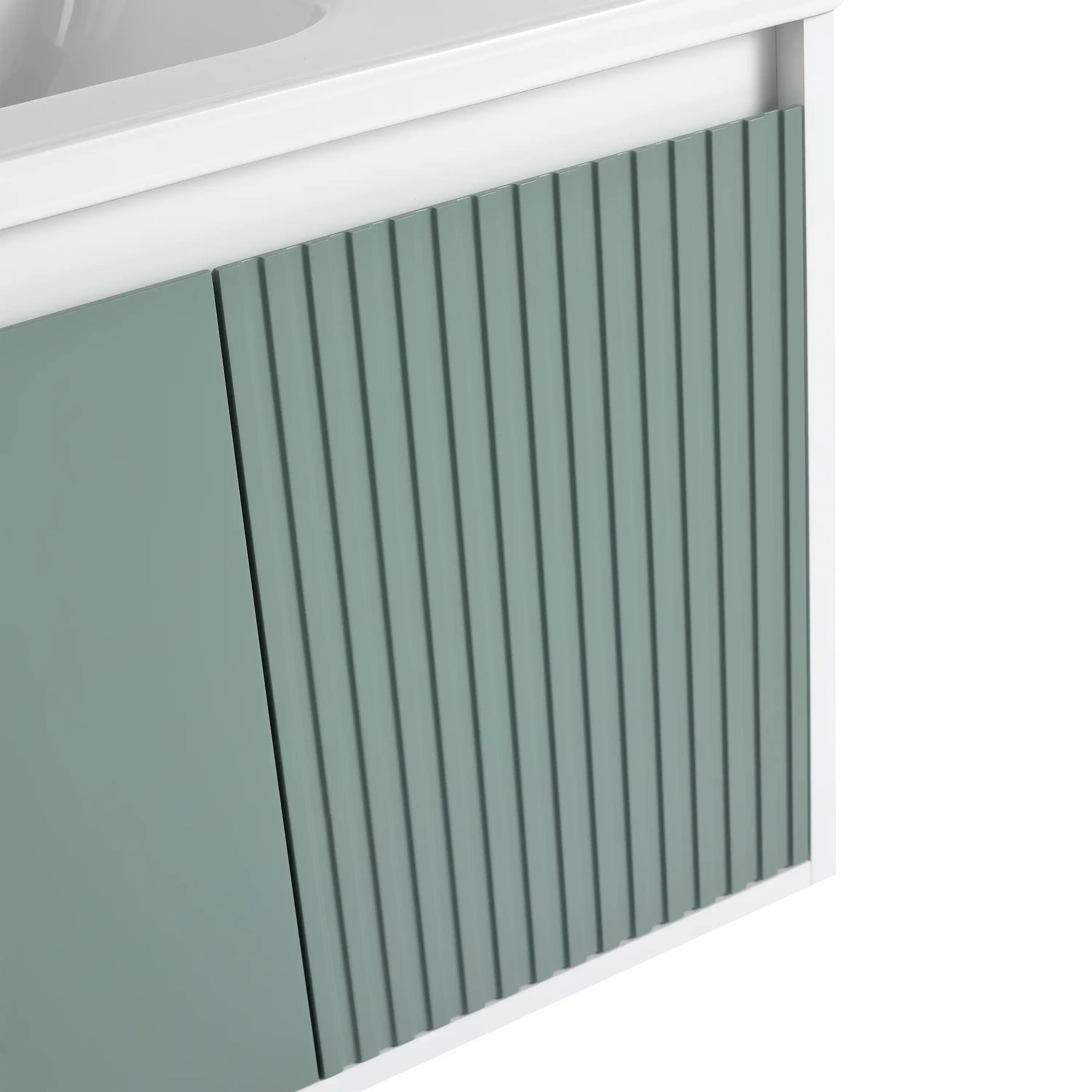 Fluted door detail on mint green 36 bathroom vanity sink | Ace Decor