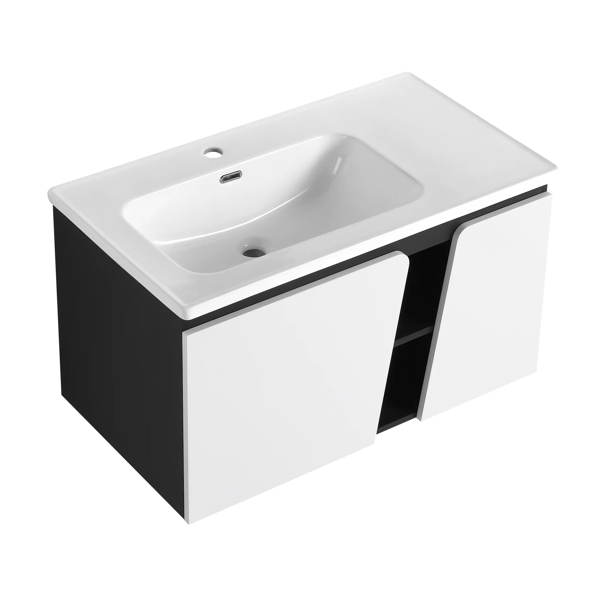 36" wall mounted vanity with sink, top angled front view | Ace Decor