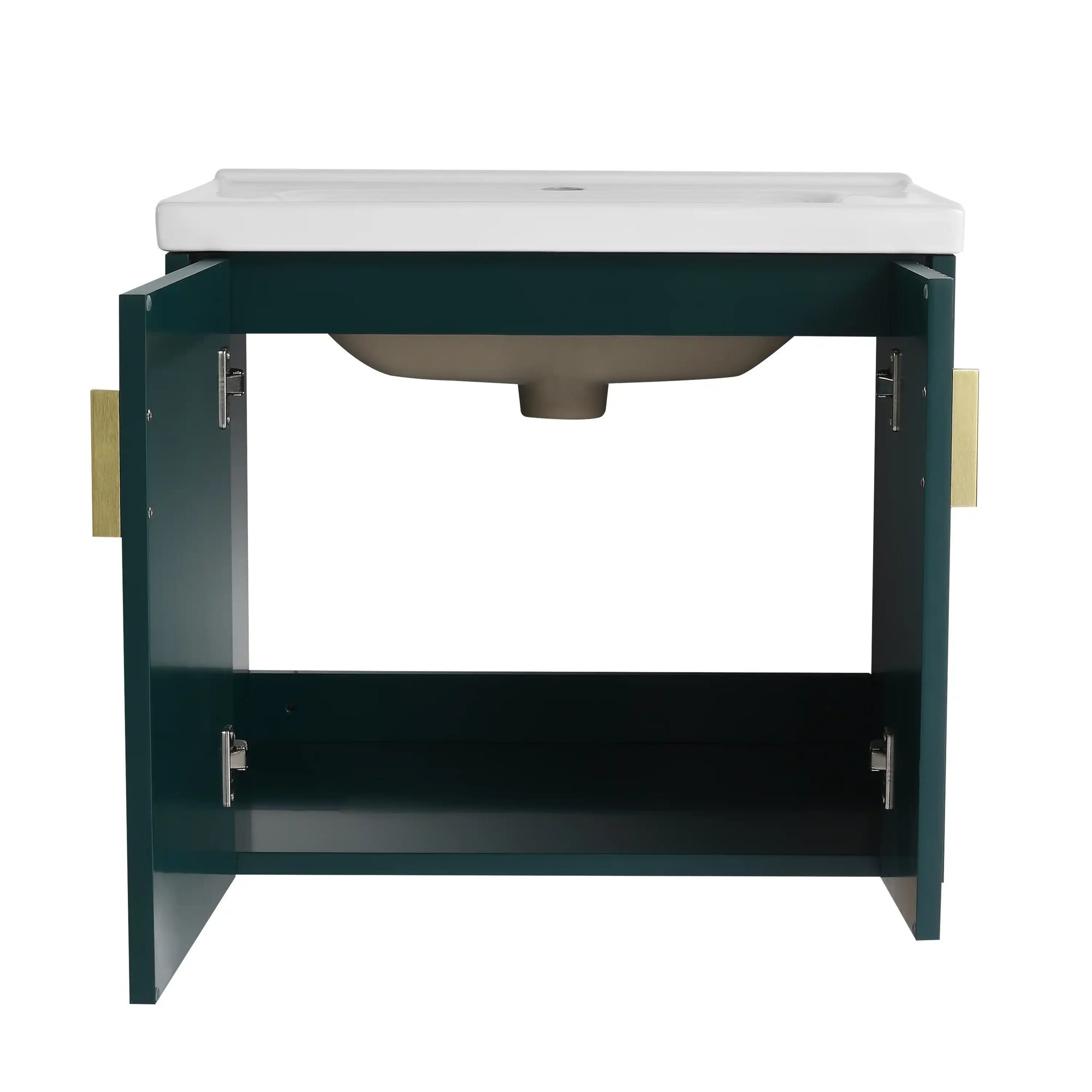 24 inch green bathroom vanity with sink showing interior storage space and soft-close doors | Ace Decor