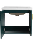 24 inch green bathroom vanity with sink showing interior storage space and soft-close doors | Ace Decor