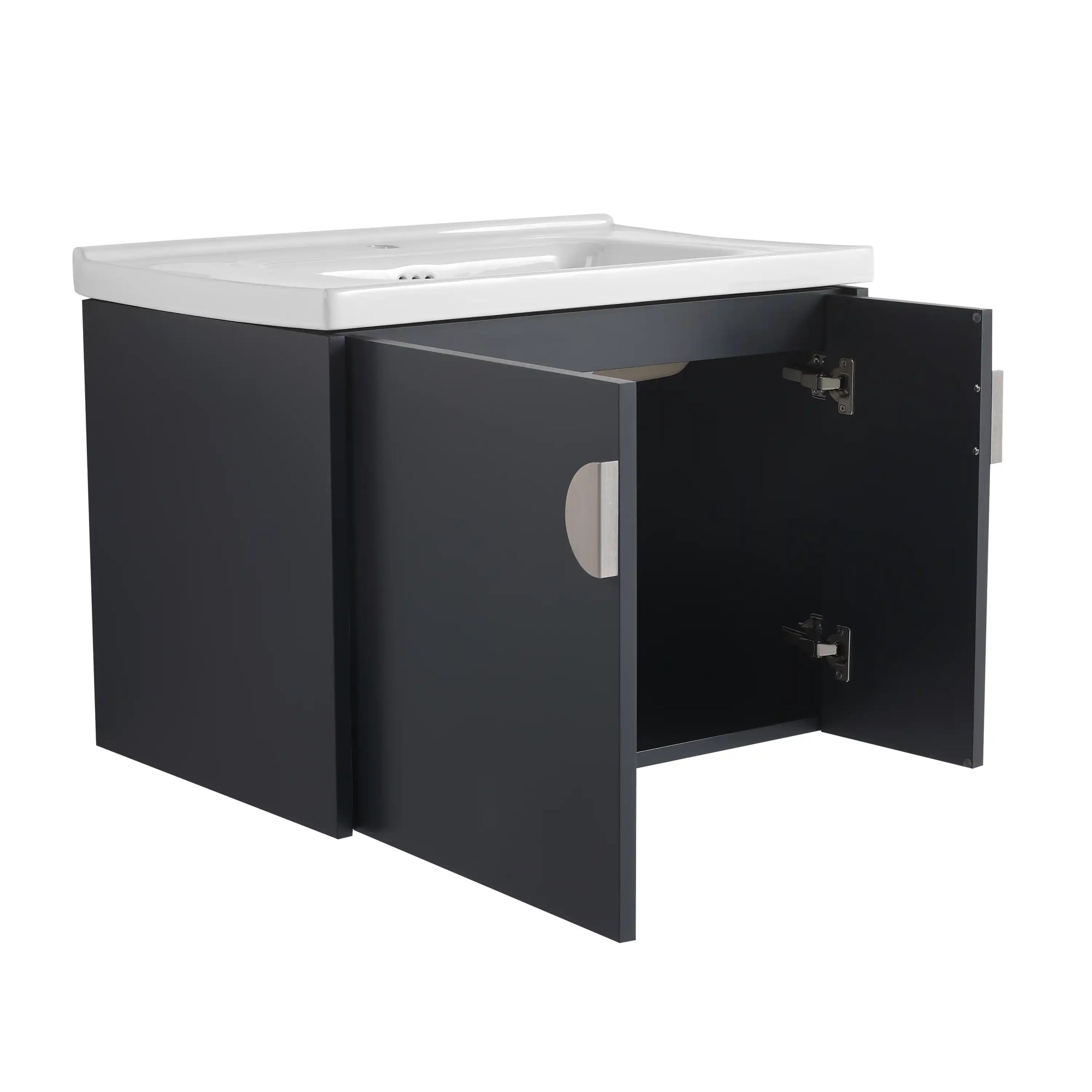 28 inch floating bathroom sink vanity showing open cabinet storage and soft-close doors | Ace Decor