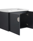 28 inch floating bathroom sink vanity showing open cabinet storage and soft-close doors | Ace Decor