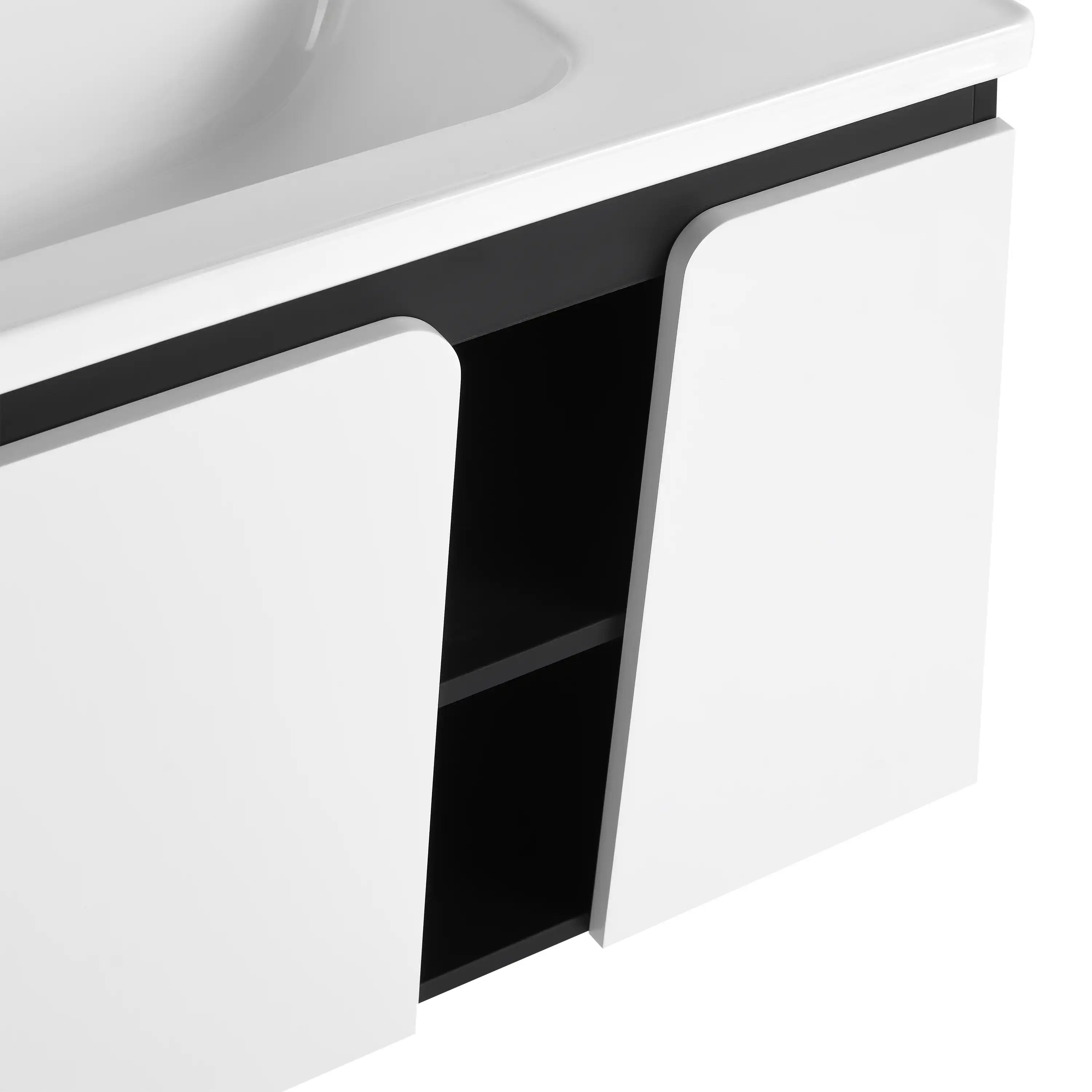 32-inch wide bathroom vanity with modern geometric cabinet door detail, close-up view.