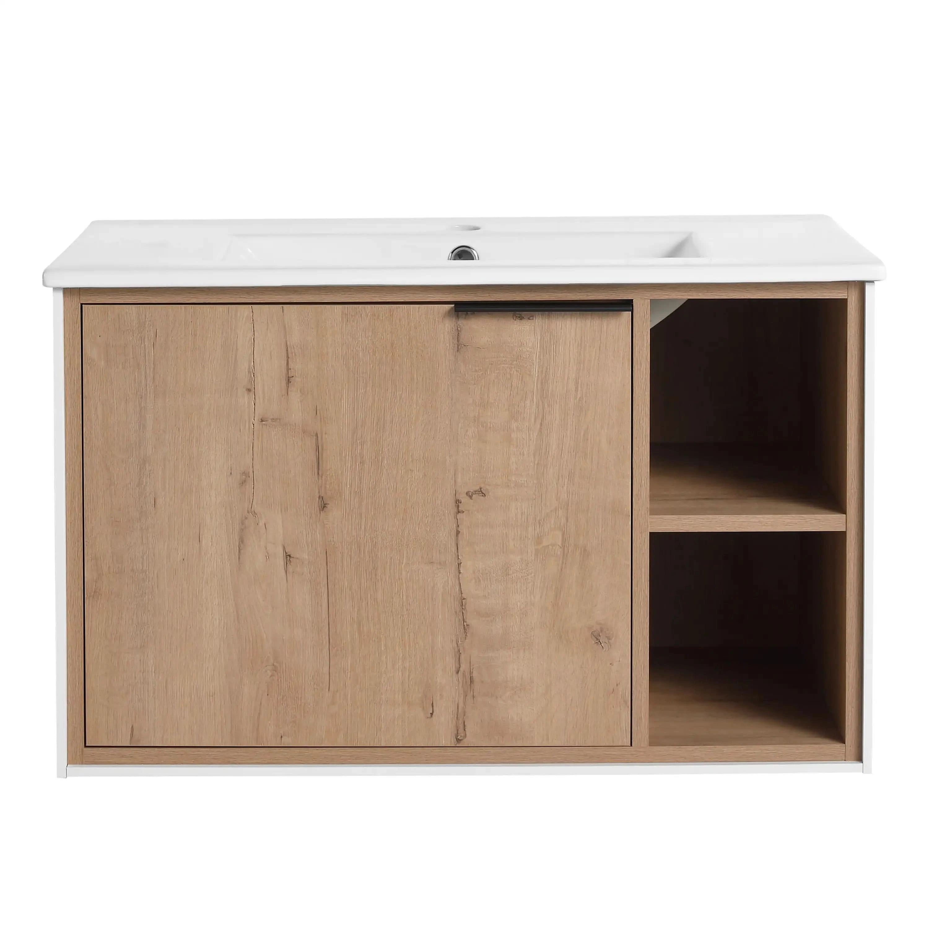 24 to 30 Inch Wood Bathroom Vanity with Integrated Sink, Wall-Mount, Open Storage Shelves